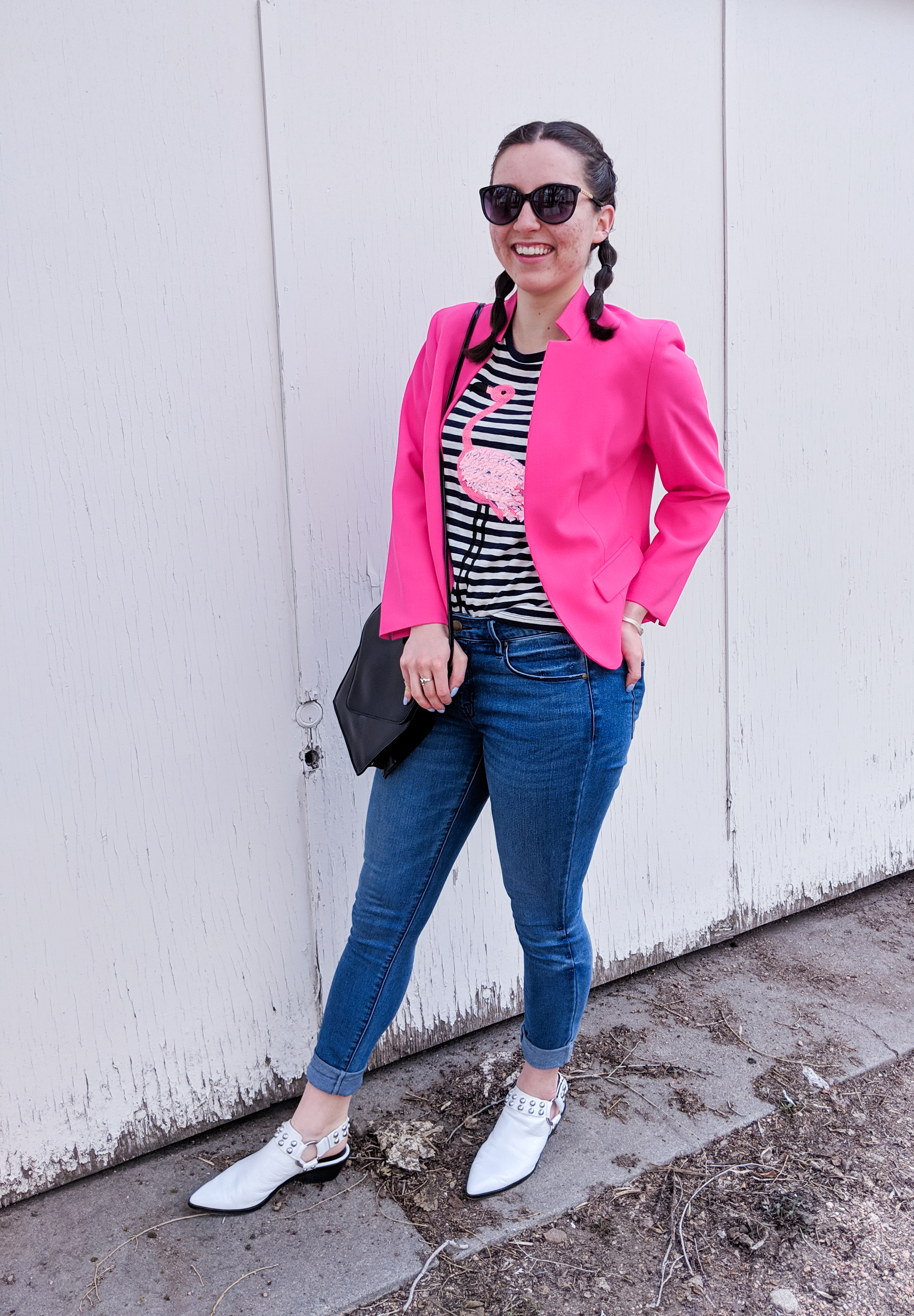 hot pink blazer from JCPenney, flamingo t-shirt from JCrew