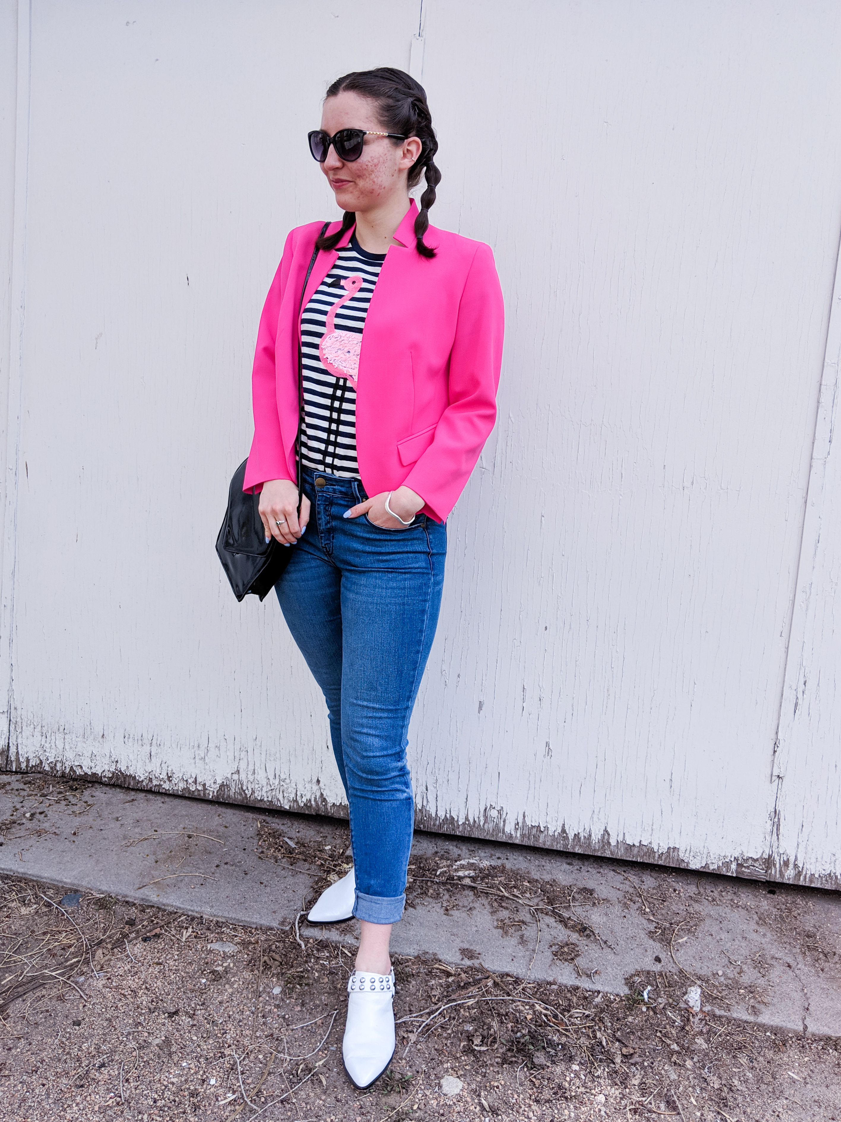 hot pink blazer, white mules, spring outfit, Harper's denim