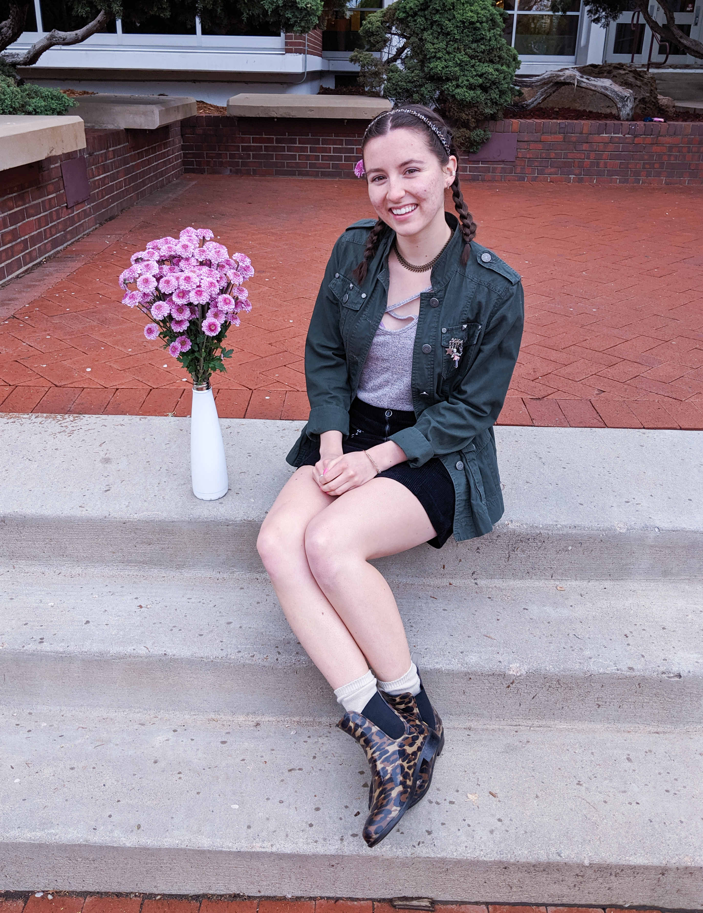blush shirt, green army jacket, leopard rain boots