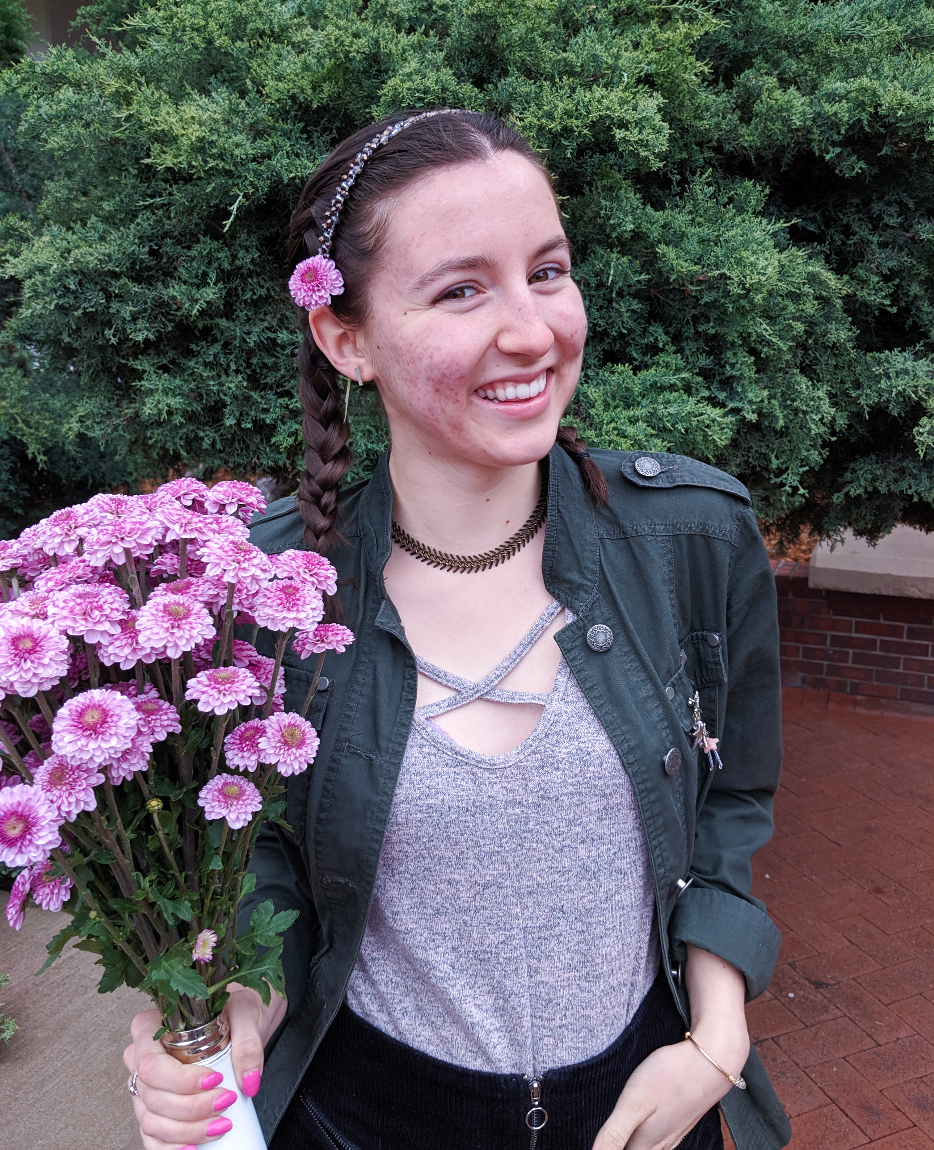 purple mums, blush shirt, green army jacket, sparkly headband