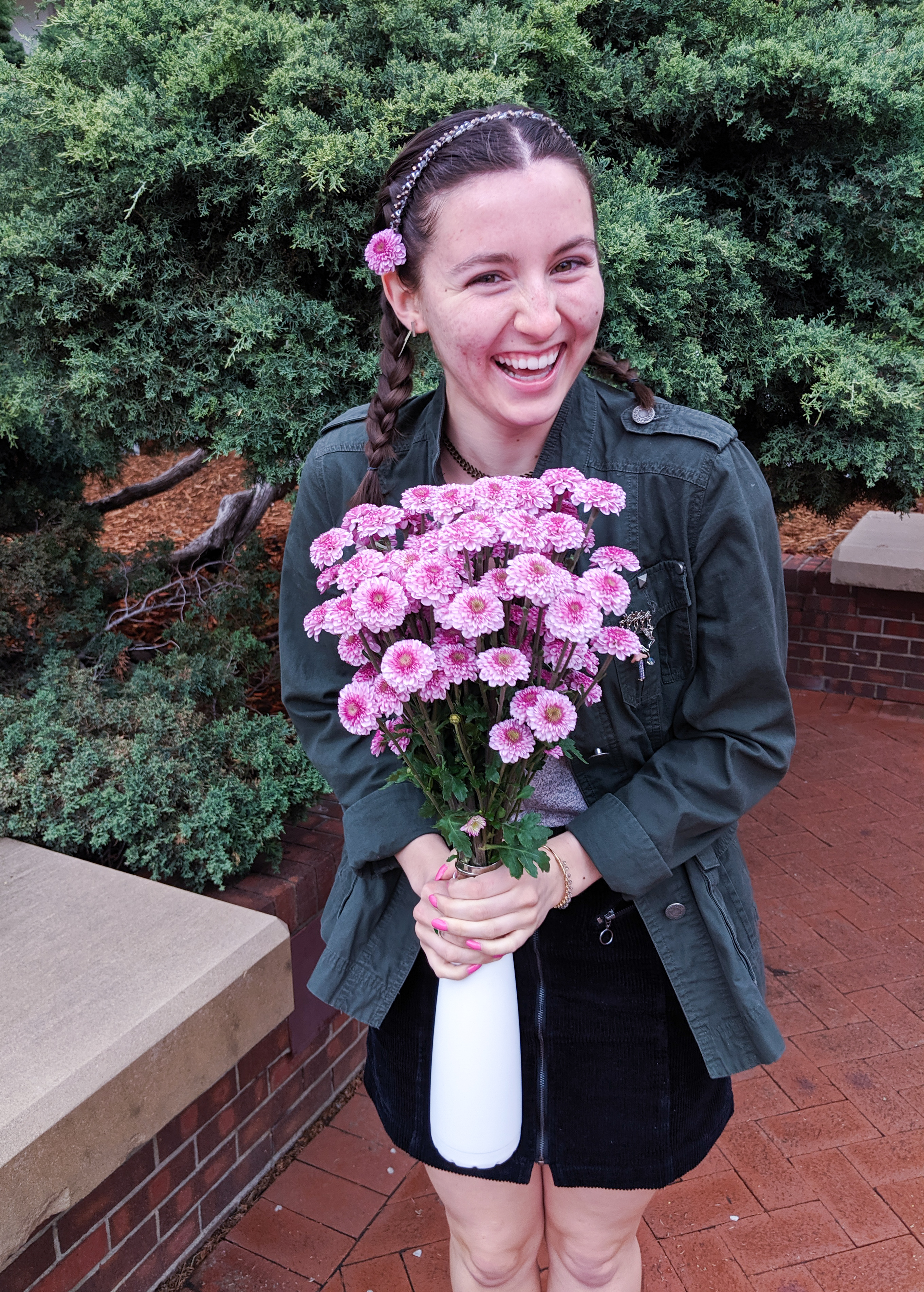 pink mums, purple flowers, french braids, sparkly headband