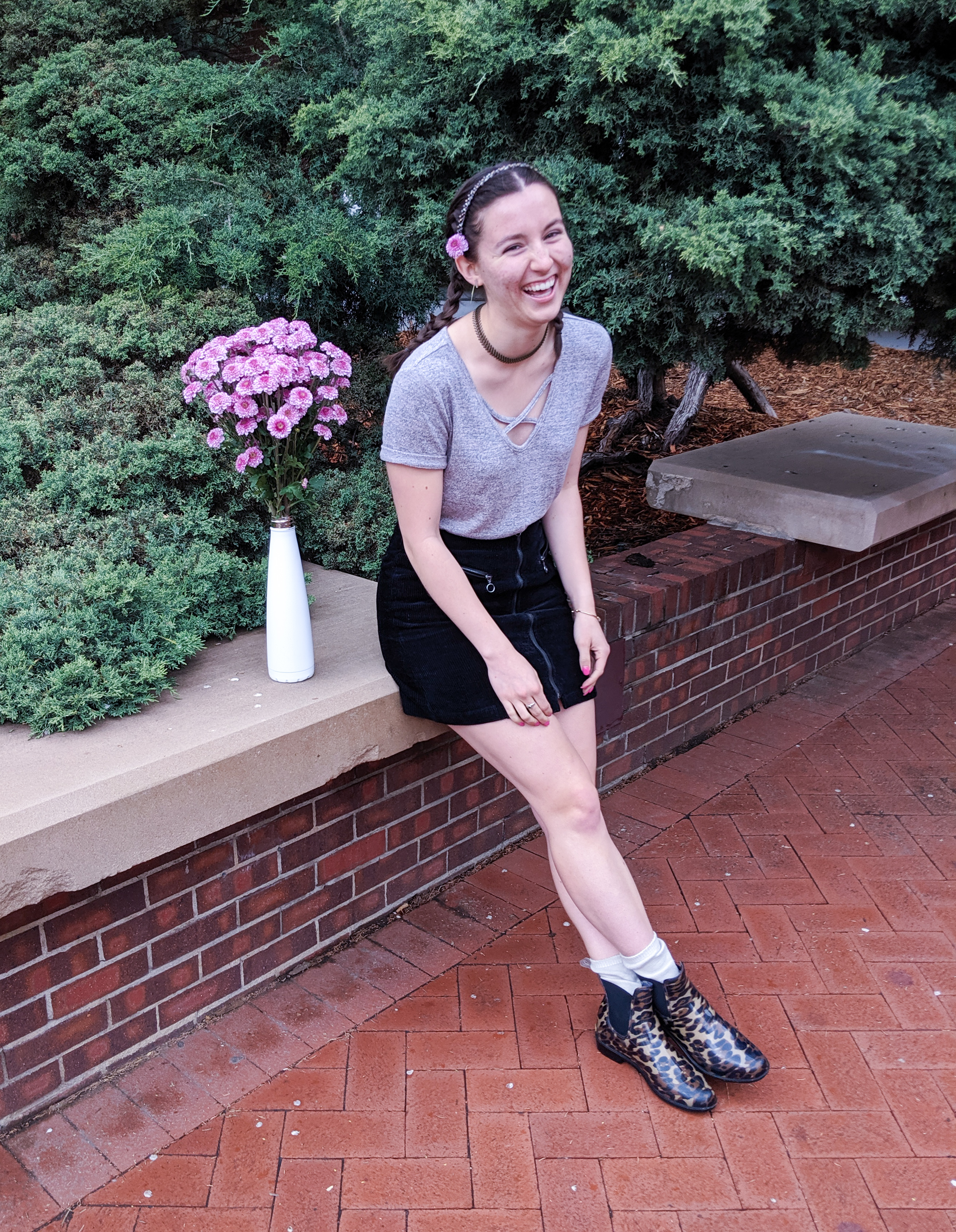 blush t-shirt, black skirt, leopard boots, sparkly headband