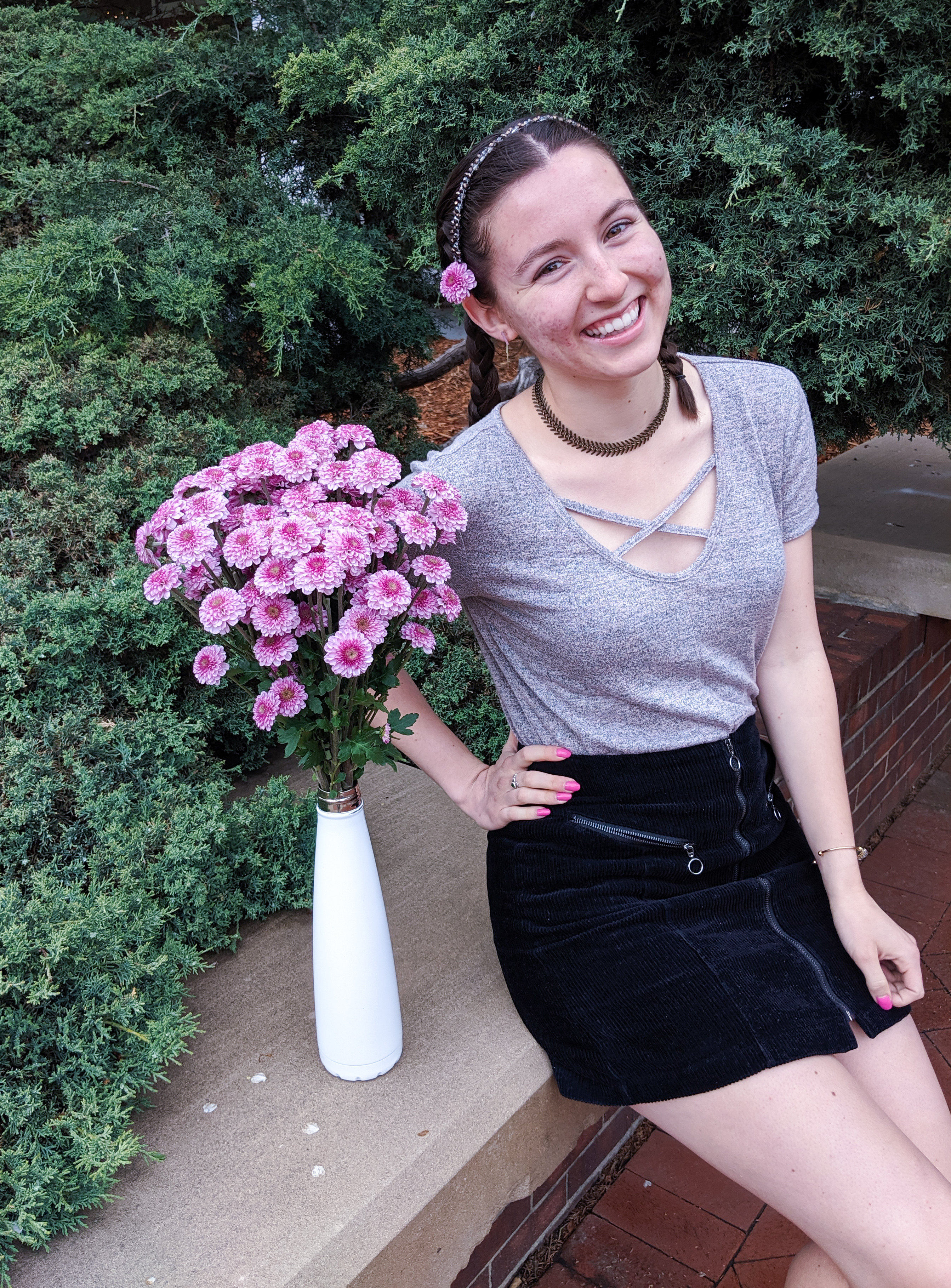 flowers in my hair, sparkly headband, black strappy tee, black mini skirt
