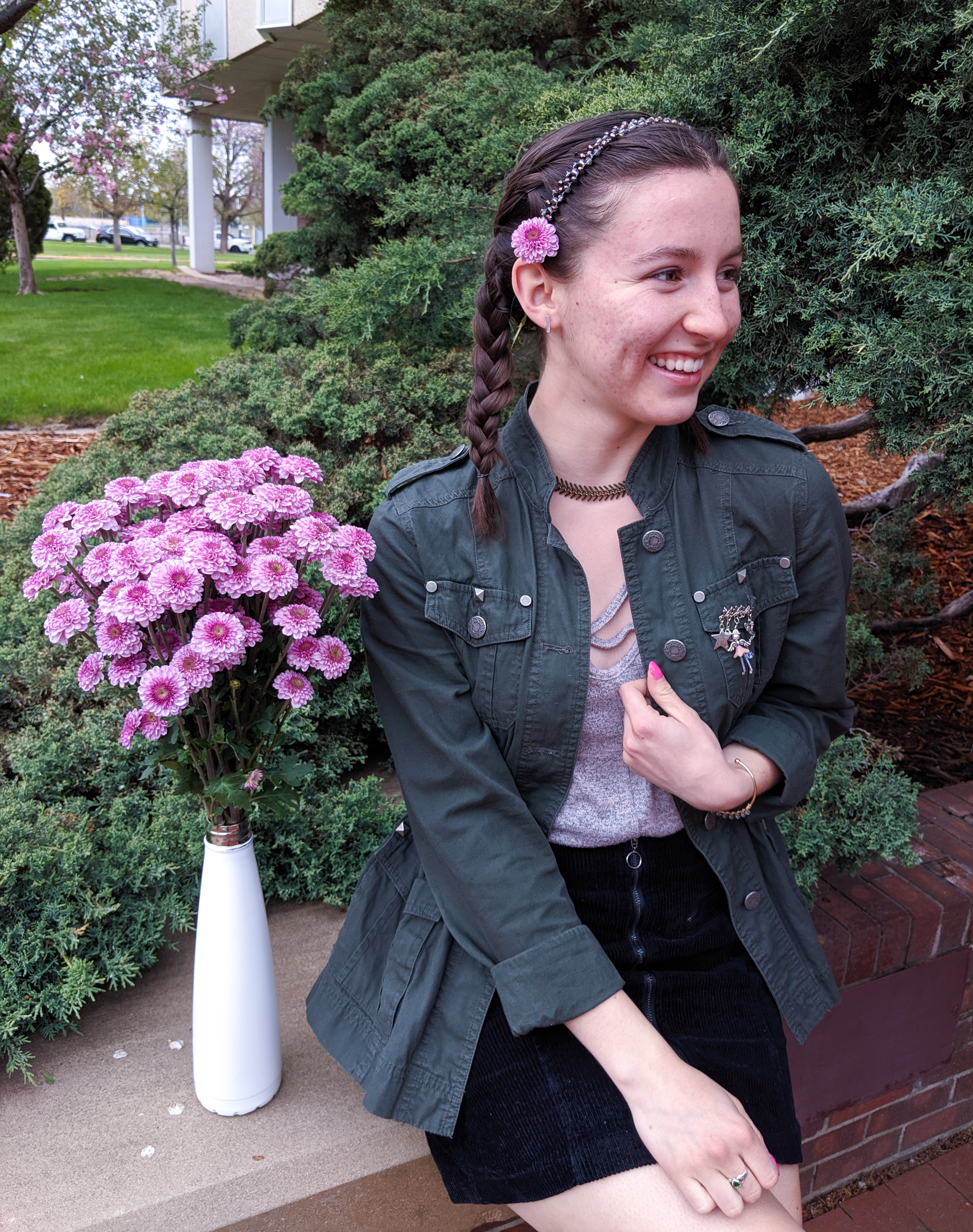 pink flowers, olive military jacket, choker, sparkly headband