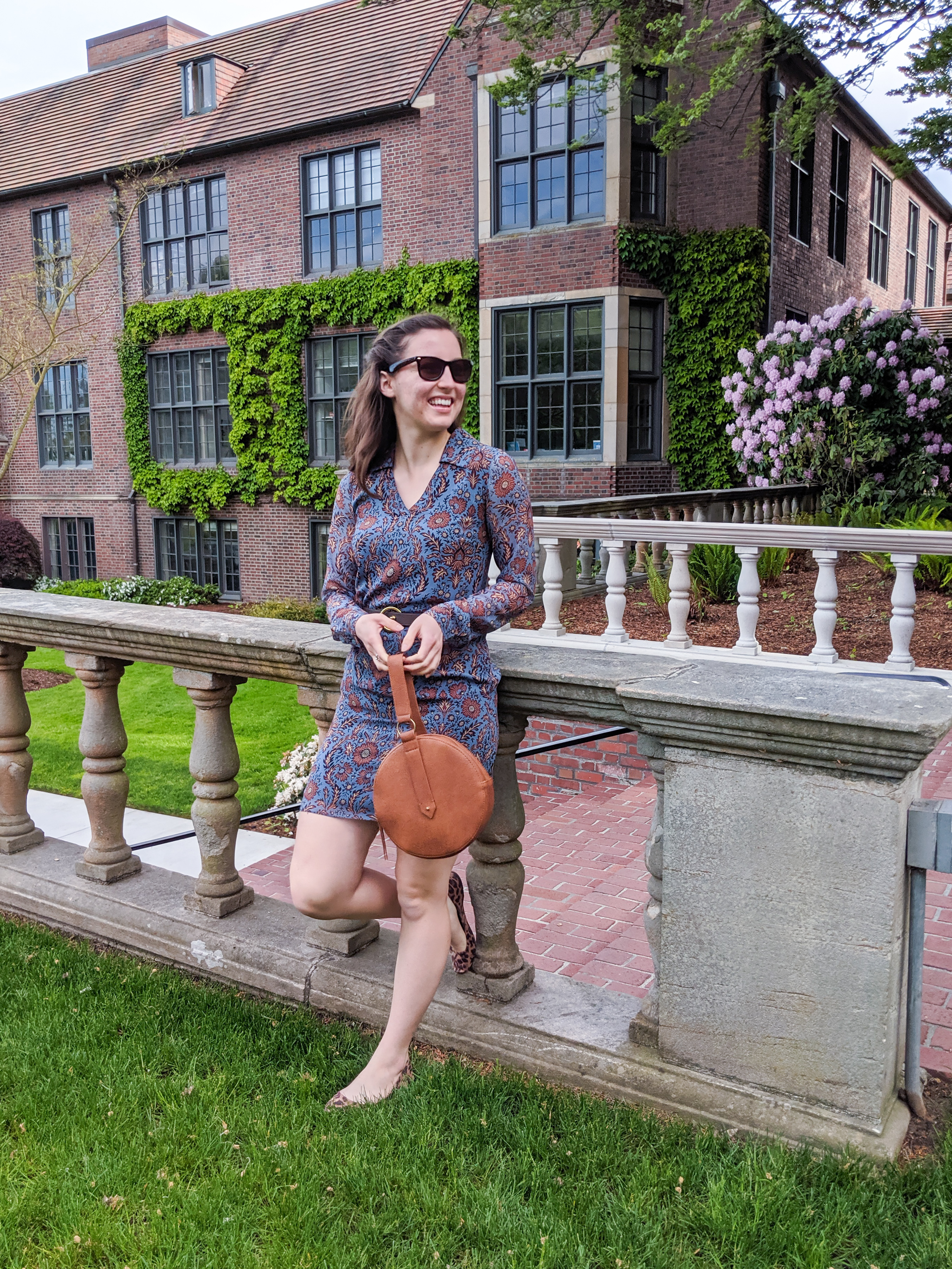 blue patterned dress, spring outfit, collared dress