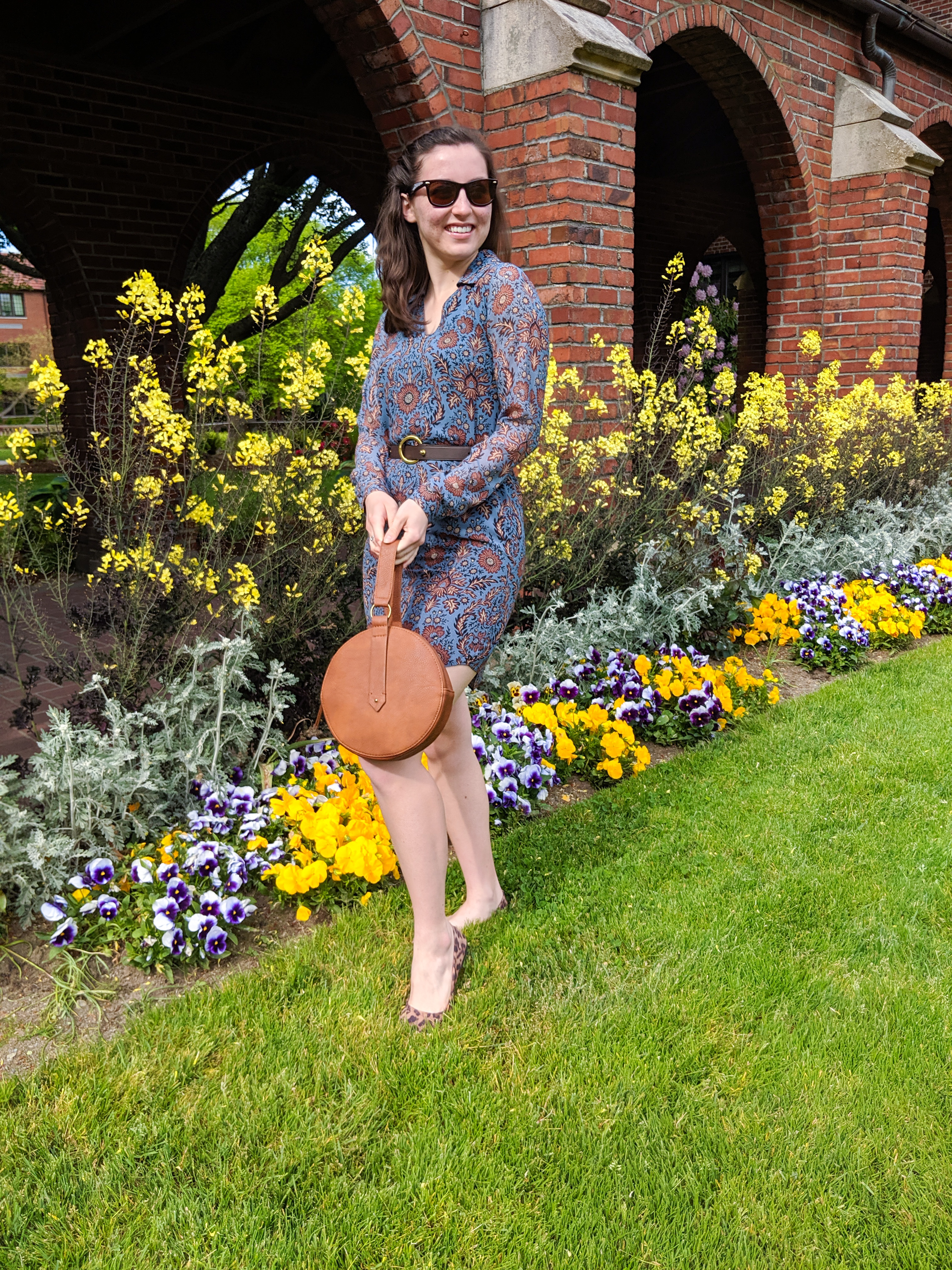 blue collared dress, brown circle bag