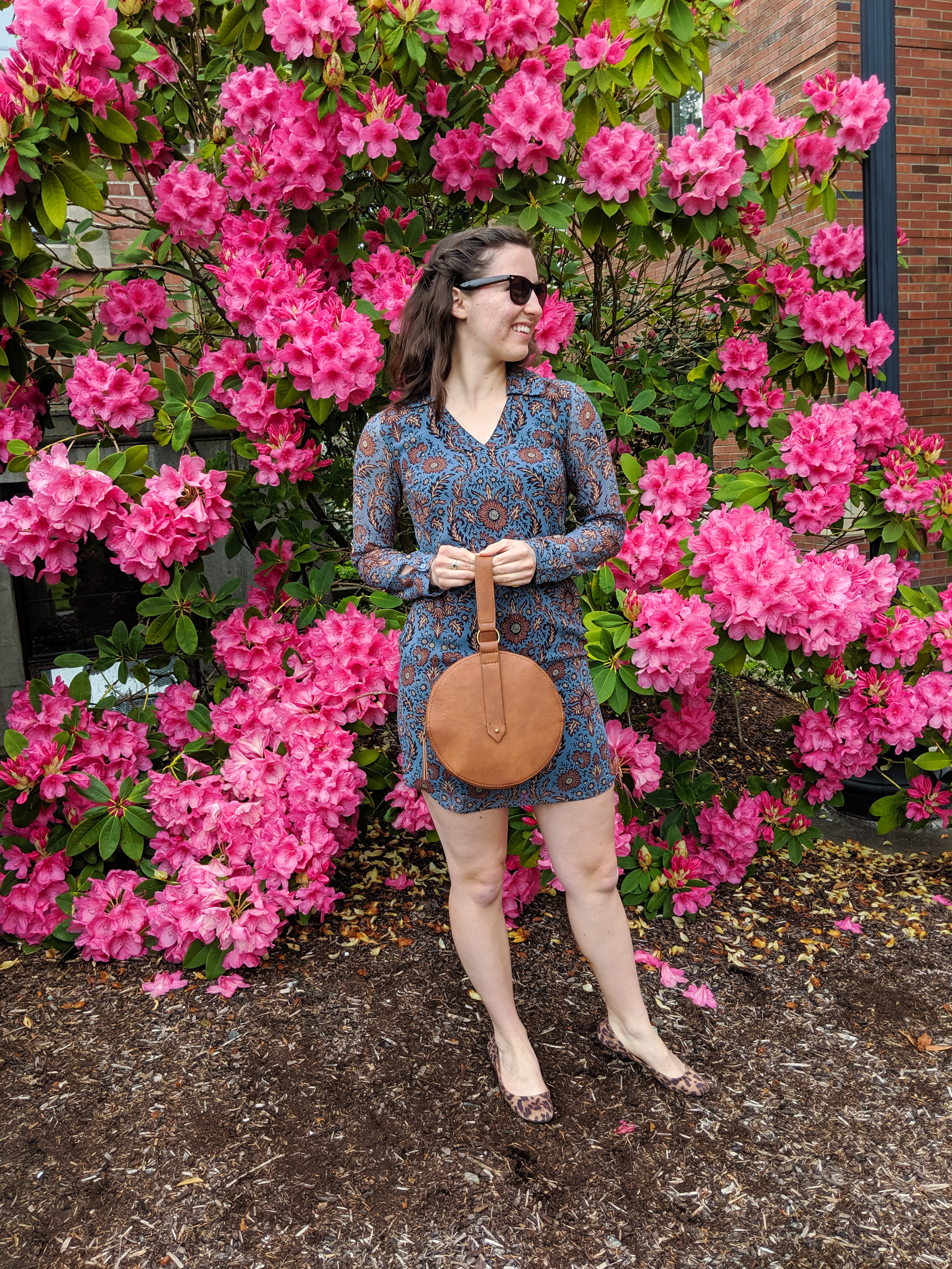 blue collared dress, brown Target circle purse