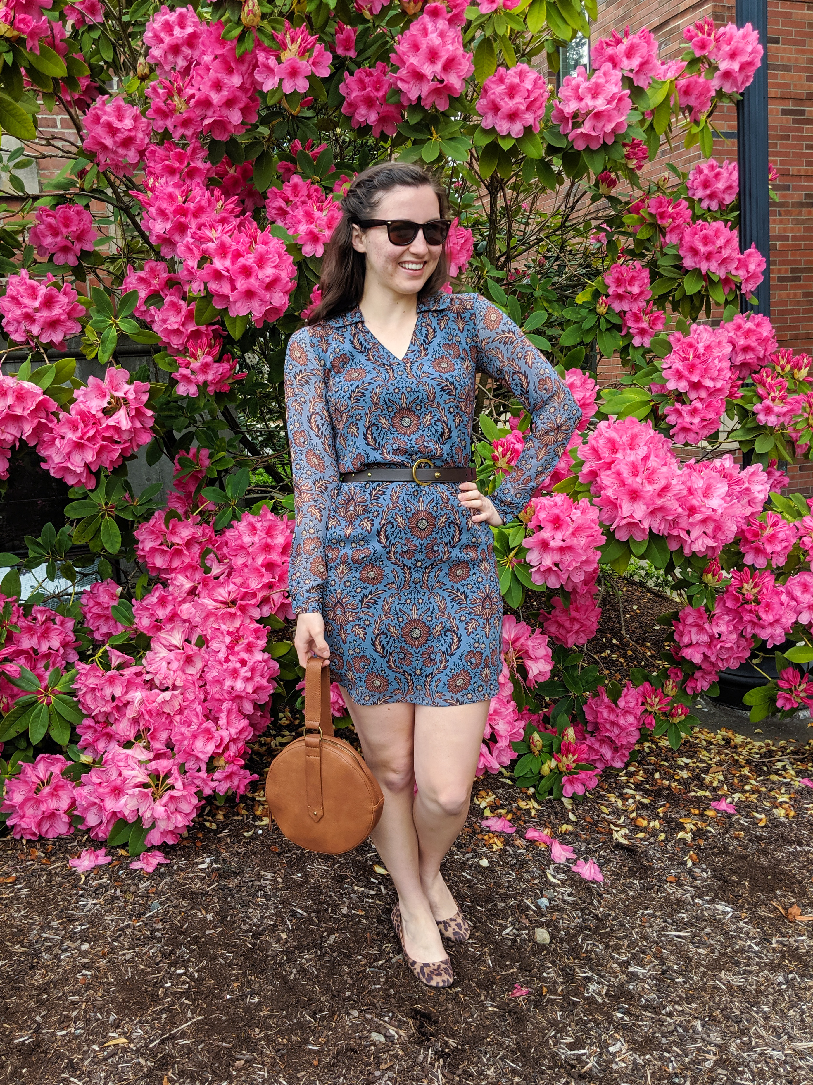 brown and blue patterned Cabi dress, brown circle purse, leopard flats