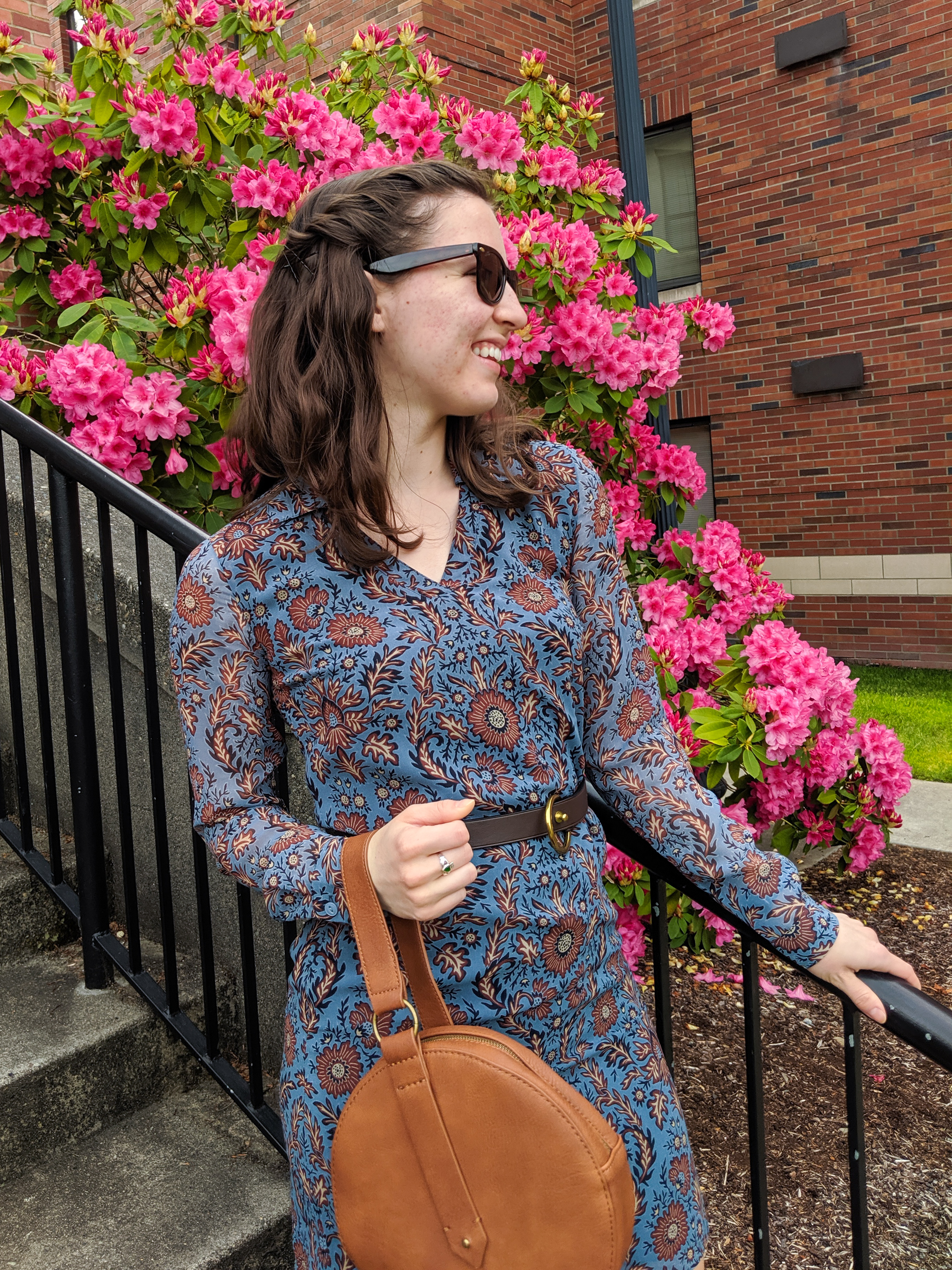 blue and brown Cabi patterned dress