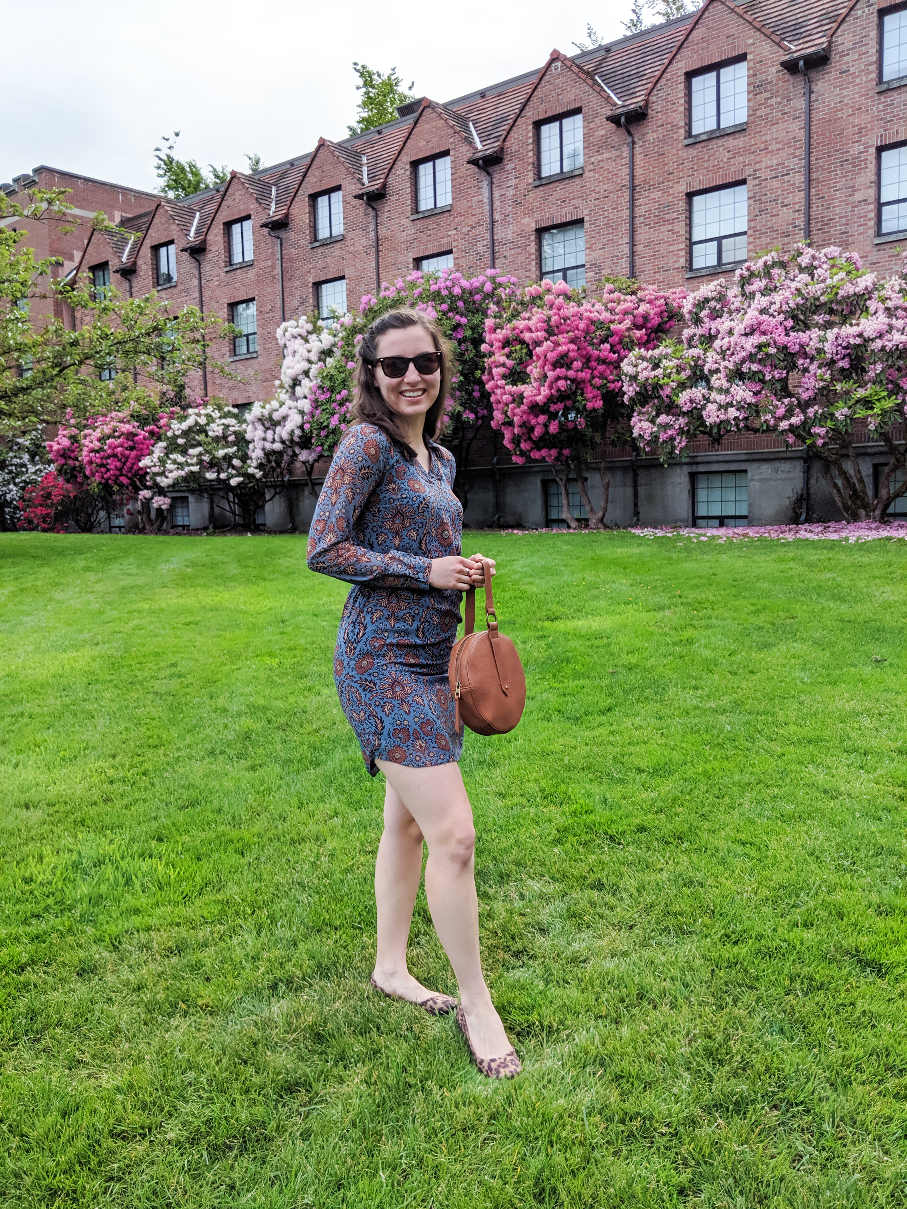 blue patterned Cabi dress, leopard flats, circle purse