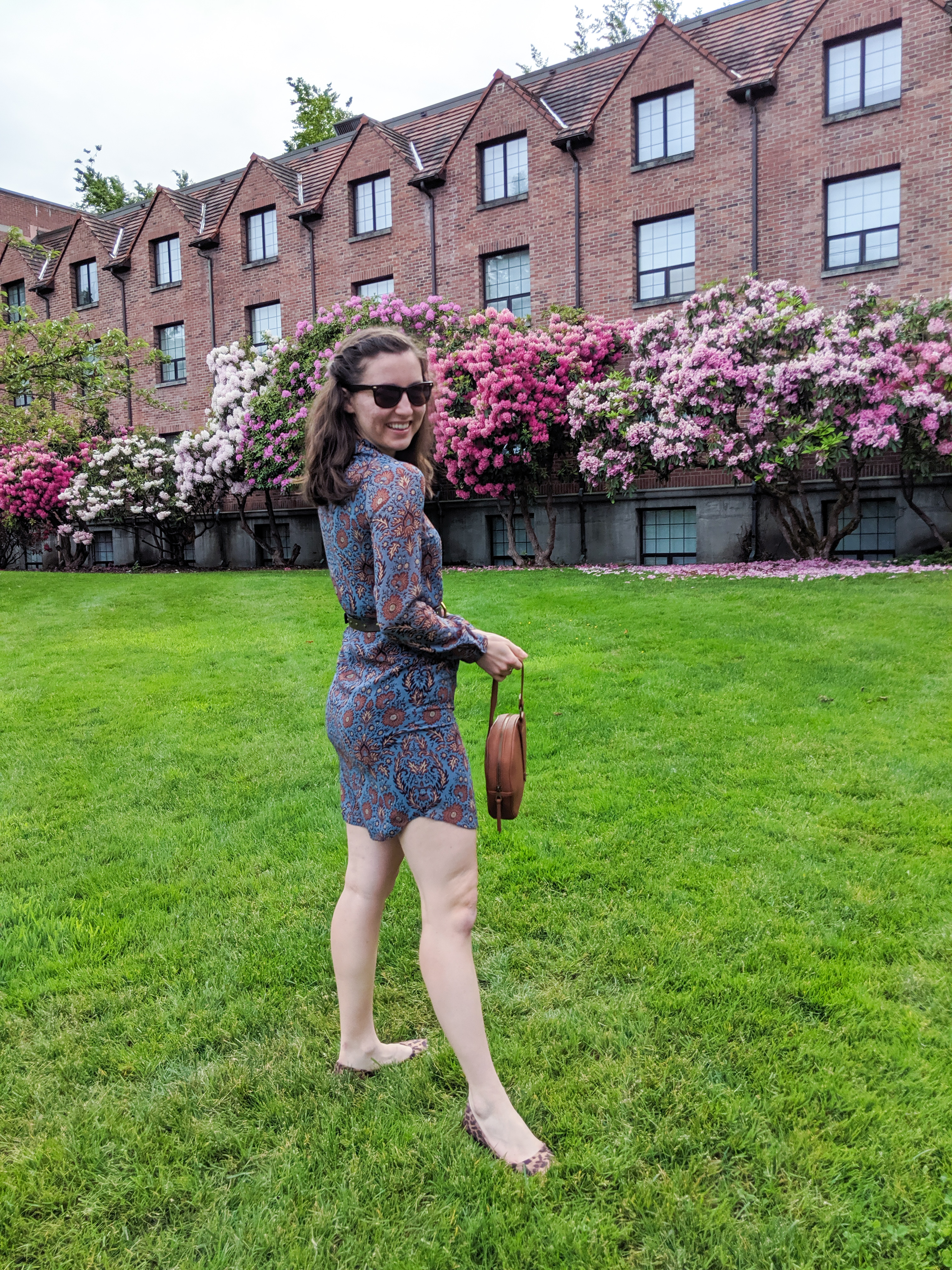 blue and brown patterned dress, leopard flats, pink flowers, UPS