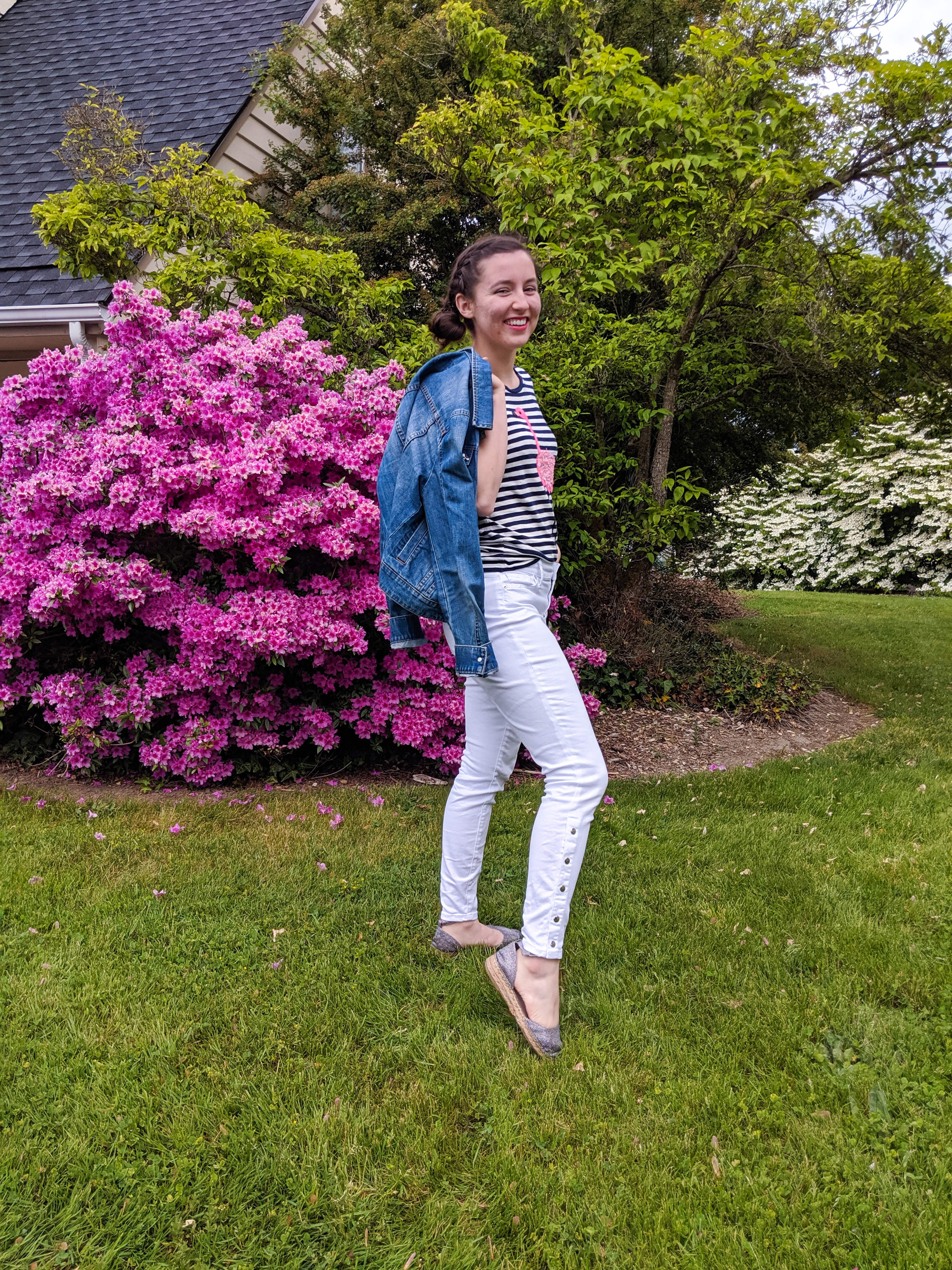 striped shirt, flamingos, white jeans, sparkly espadrilles