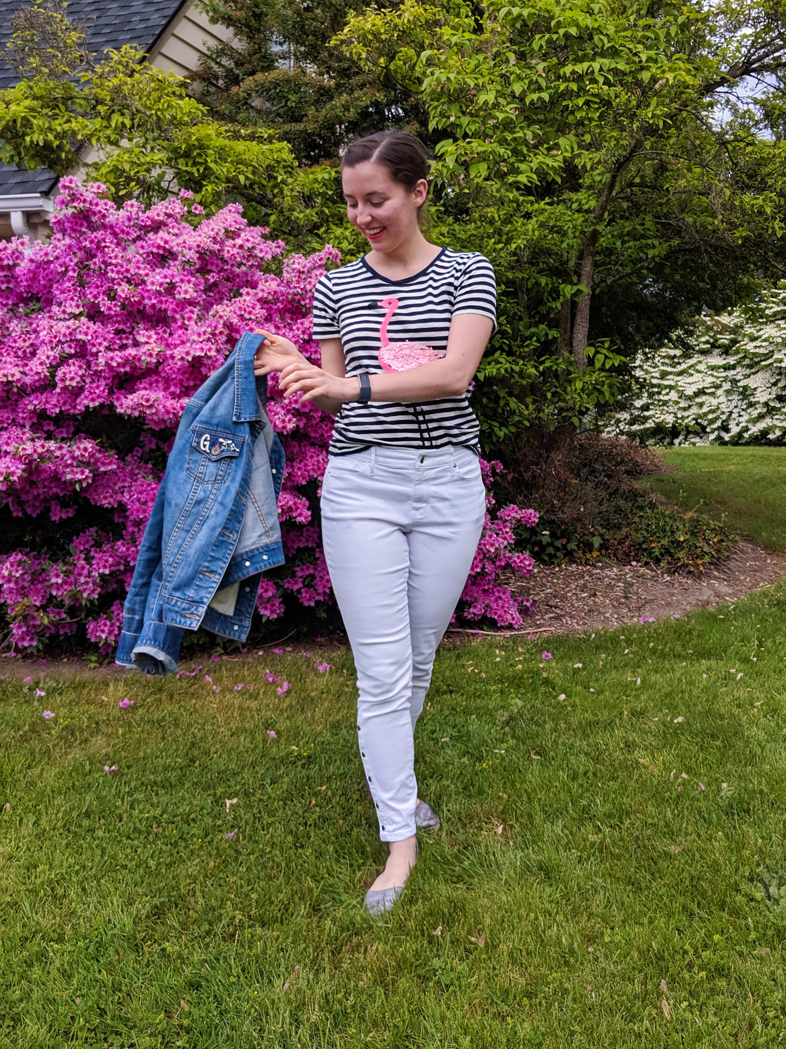 white jeans, denim jacket, JCPenney, JCrew