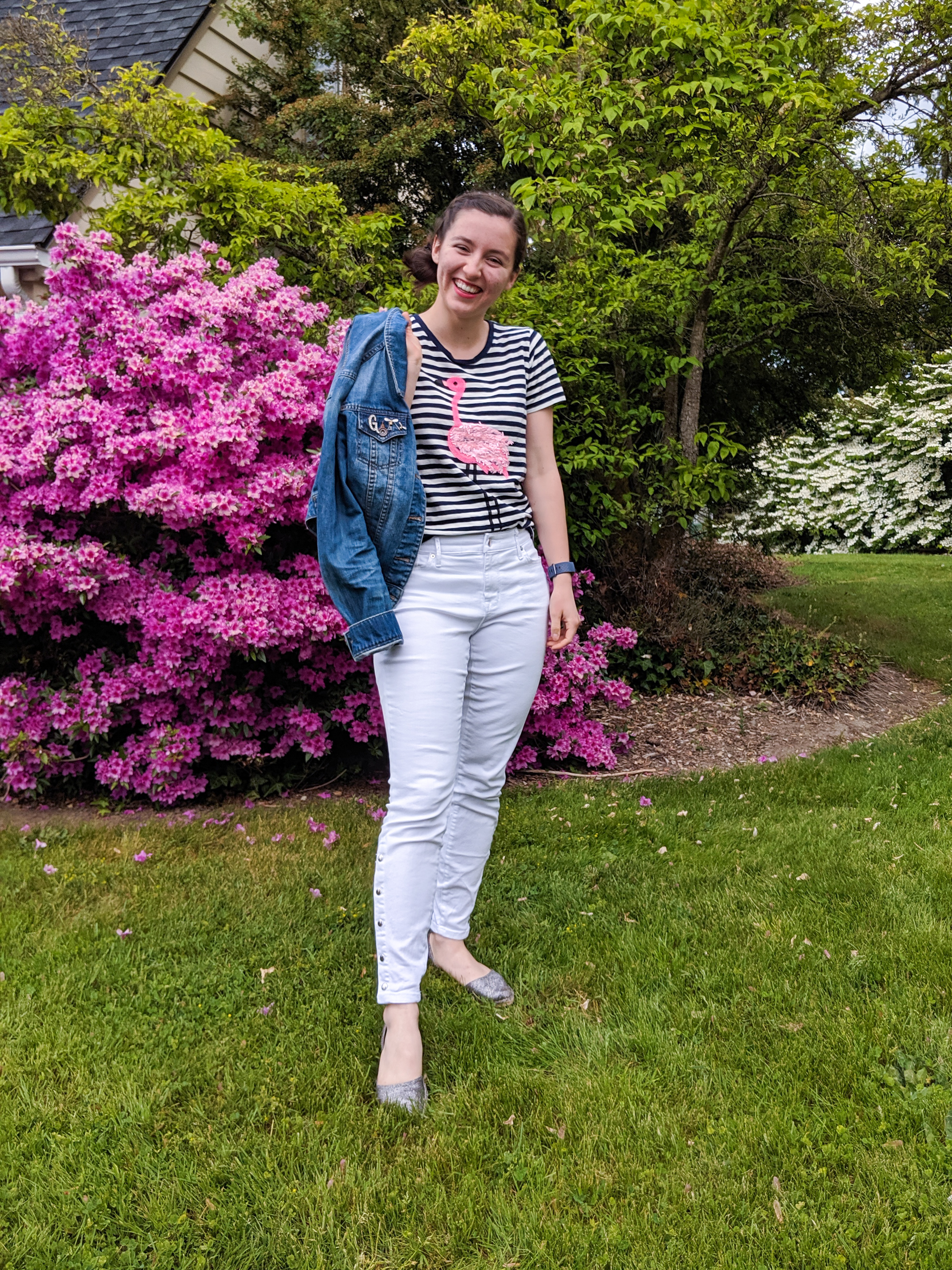 striped flamingo tee, white jeans, denim jacket