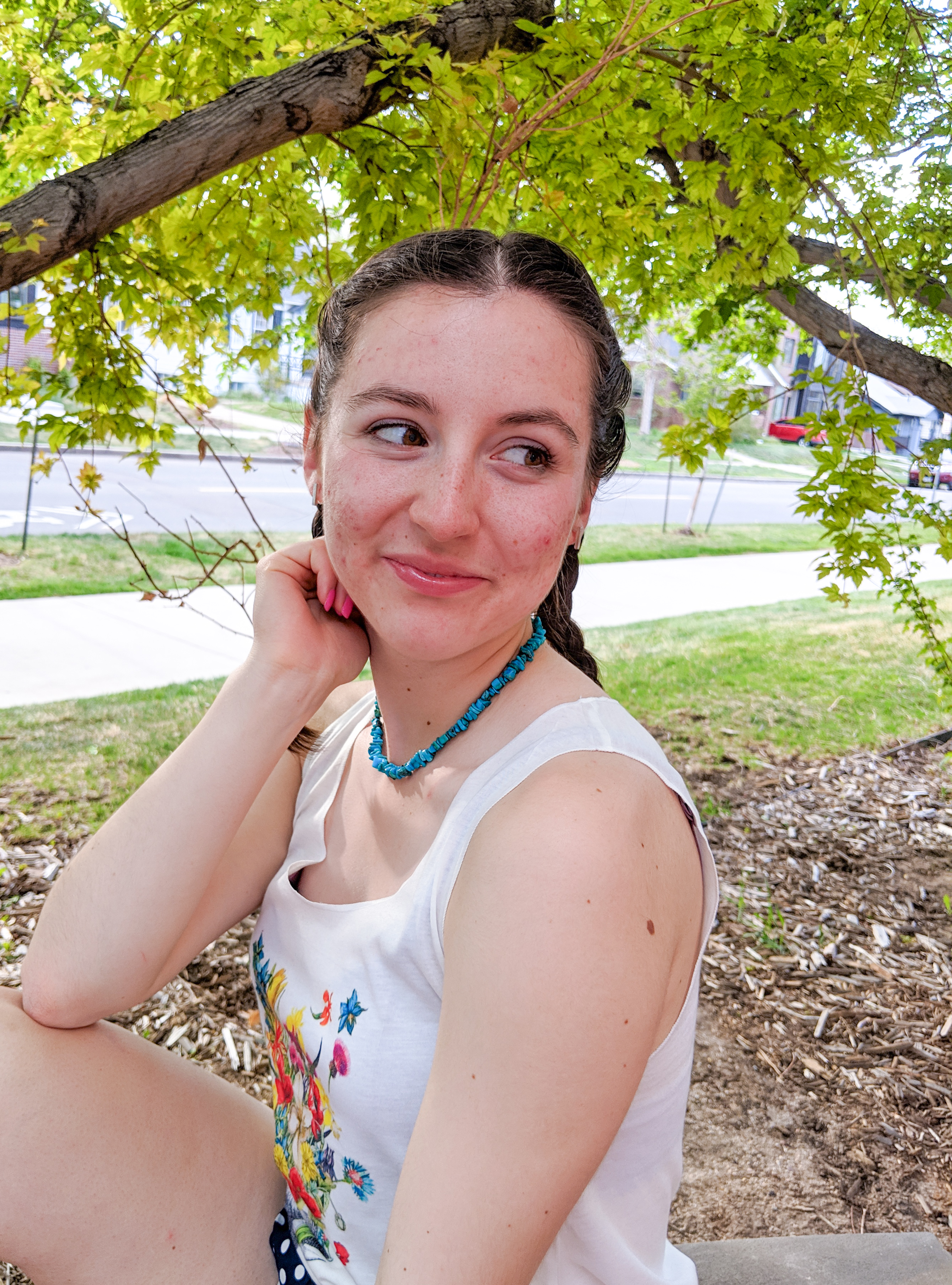 graphic tee, spring outfit, spring look, turquoise necklace, double French braids