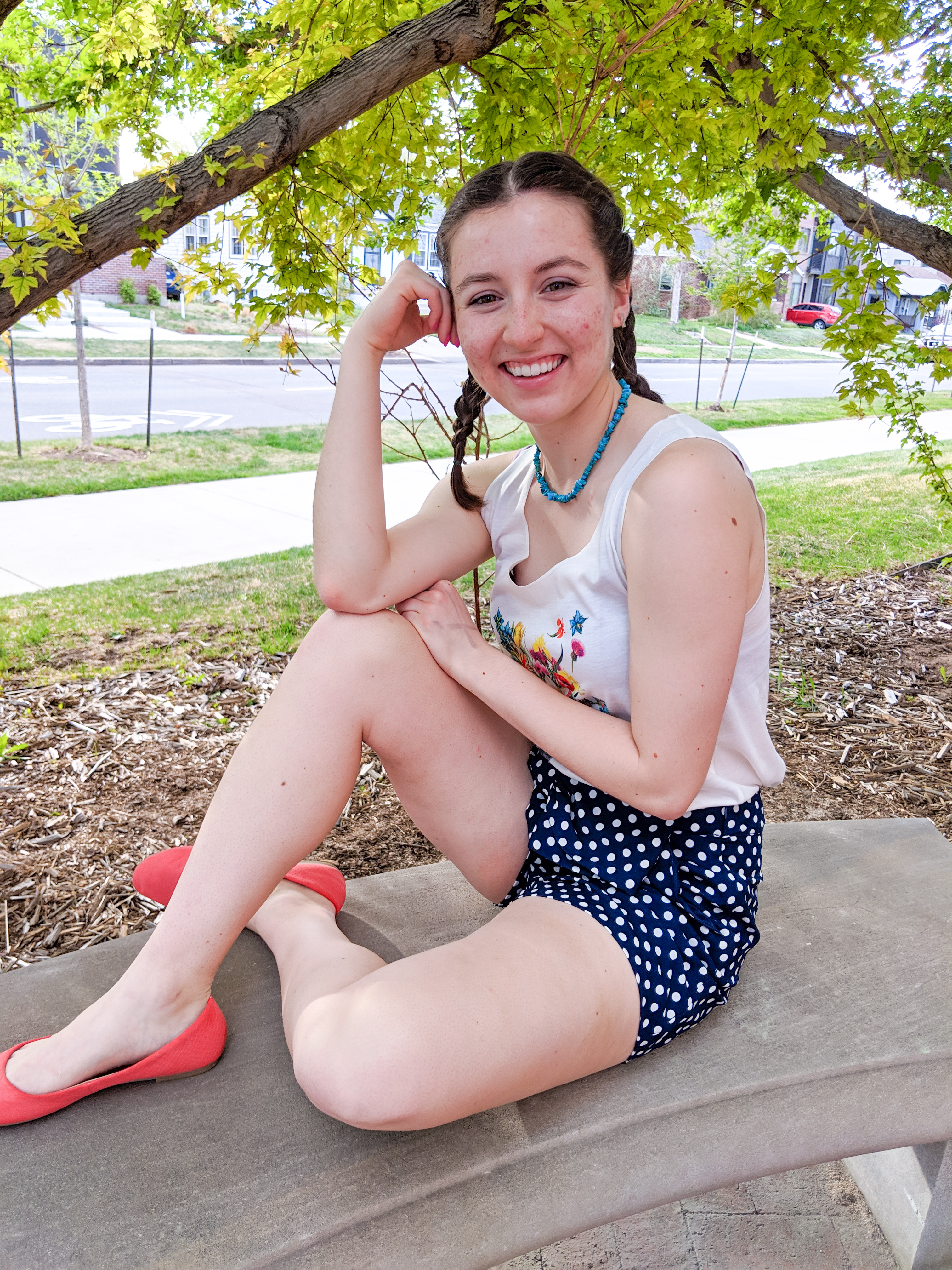 orange flats, polka dot shorts, turquoise necklace