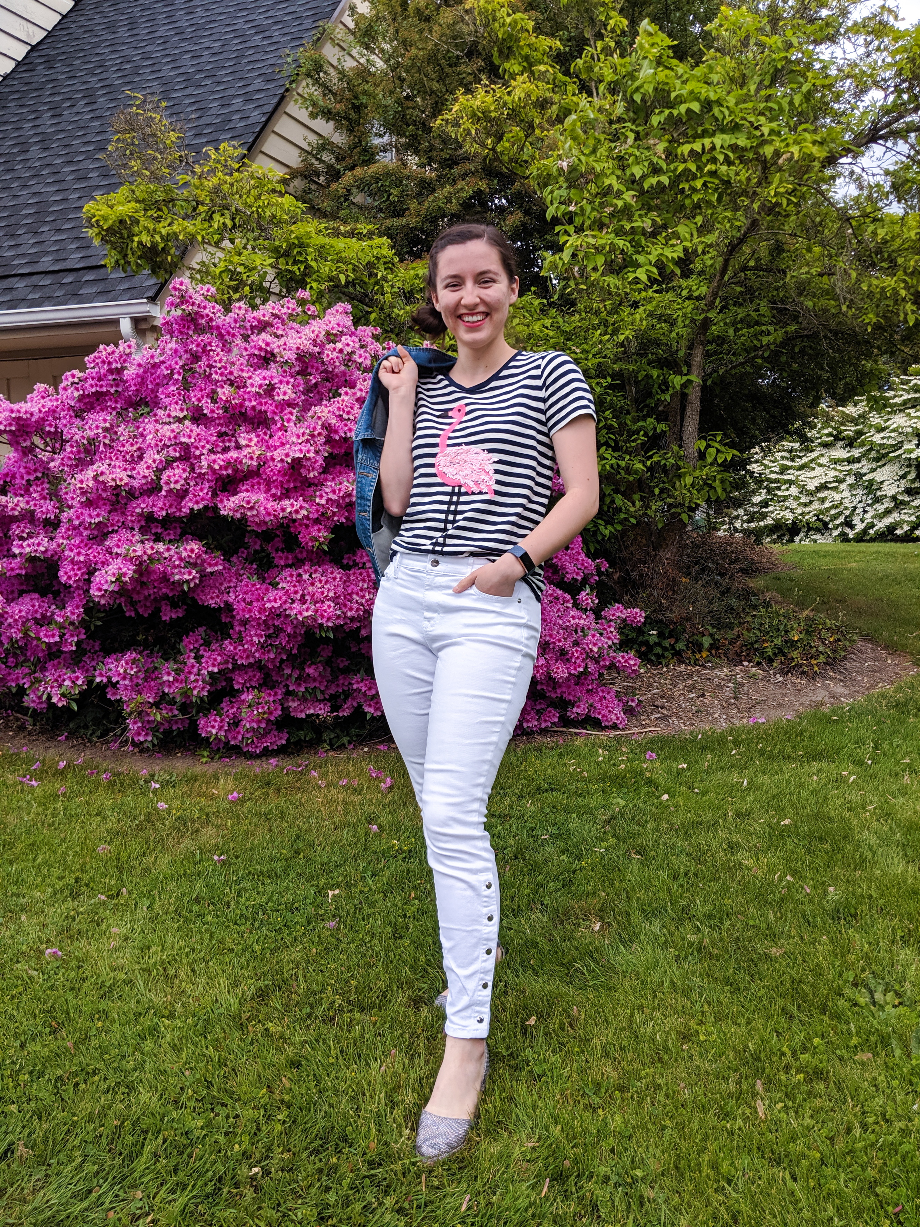 white jeans, striped flamingo tee, spring outfit