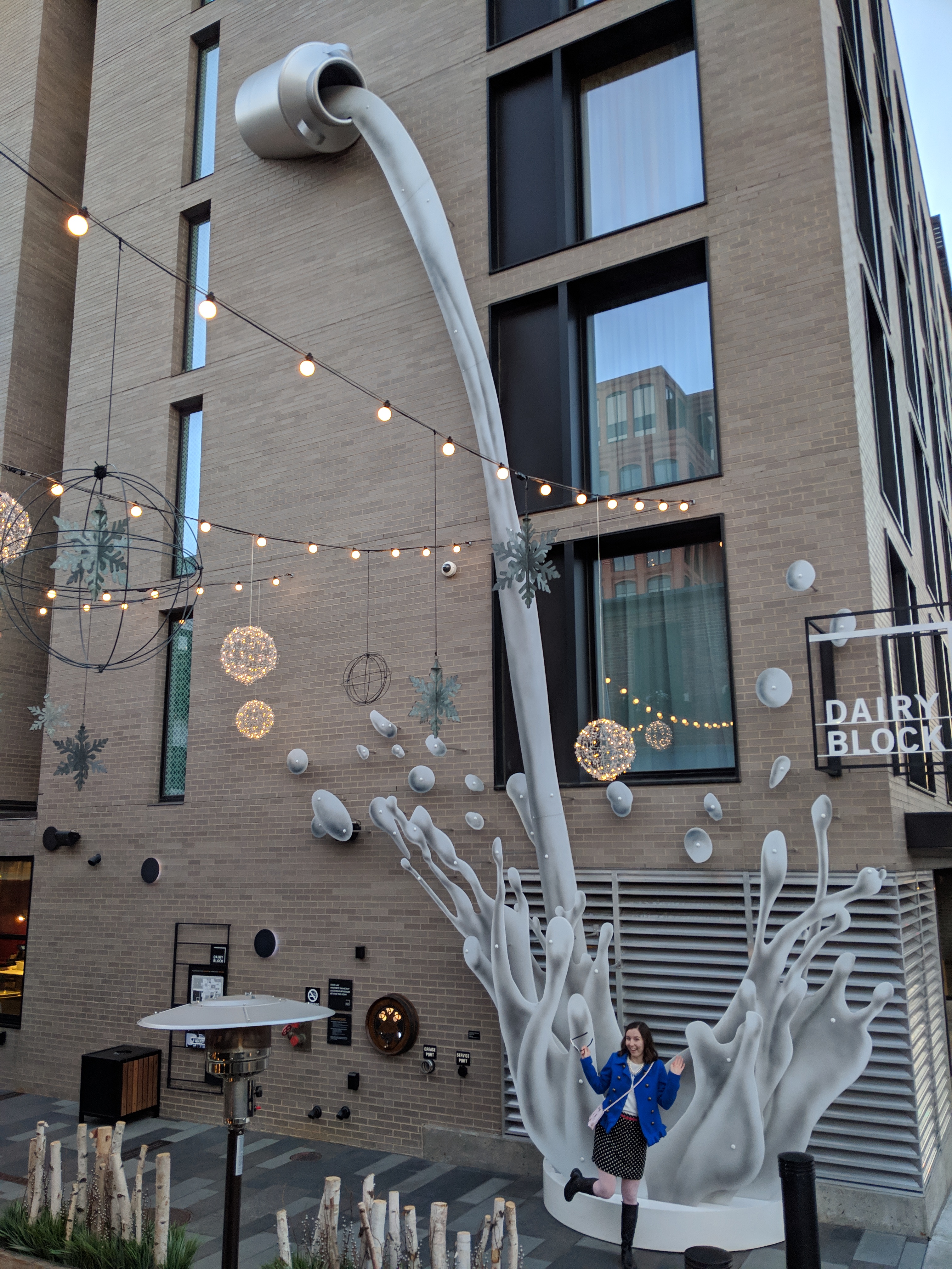 Dairy Block, downtown Denver, blue peacoat