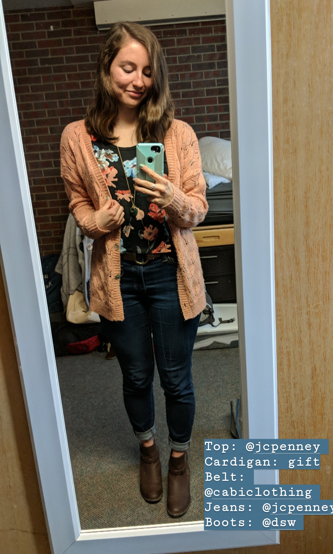 floral blouse, coral sweater, skinny jeans, brown booties