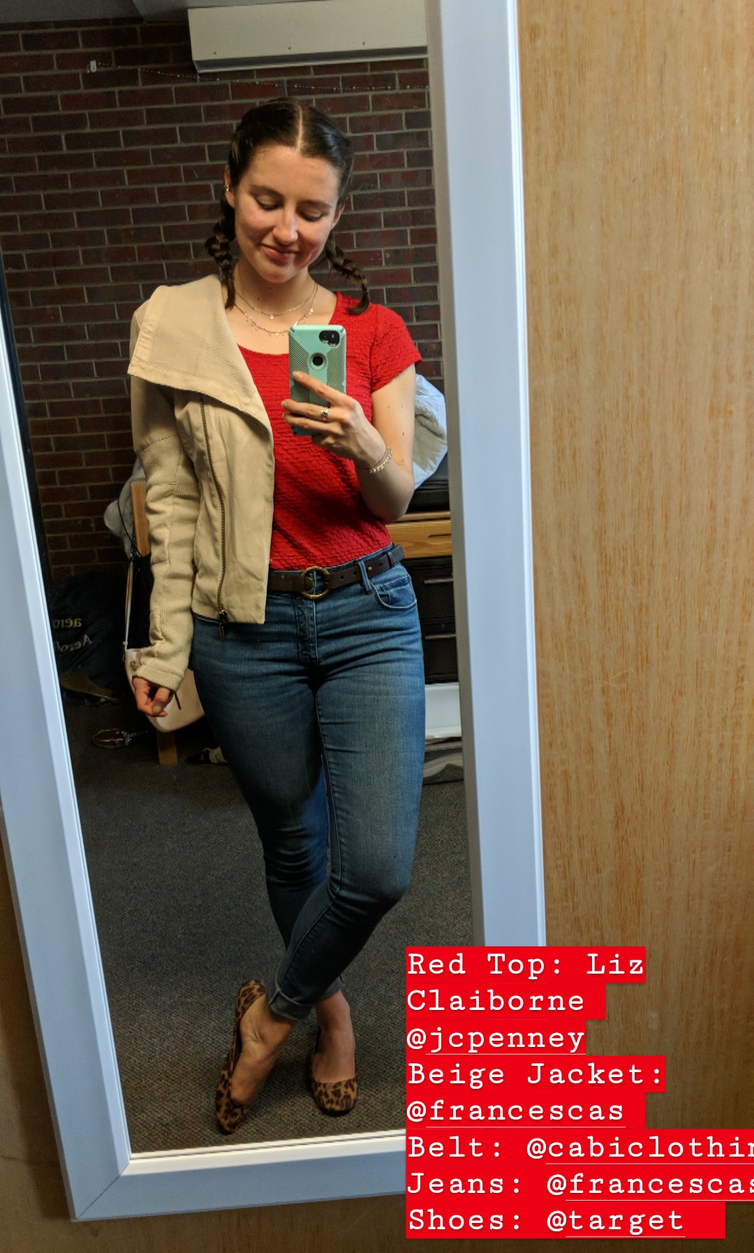 red blouse, skinny jeans, leopard flats