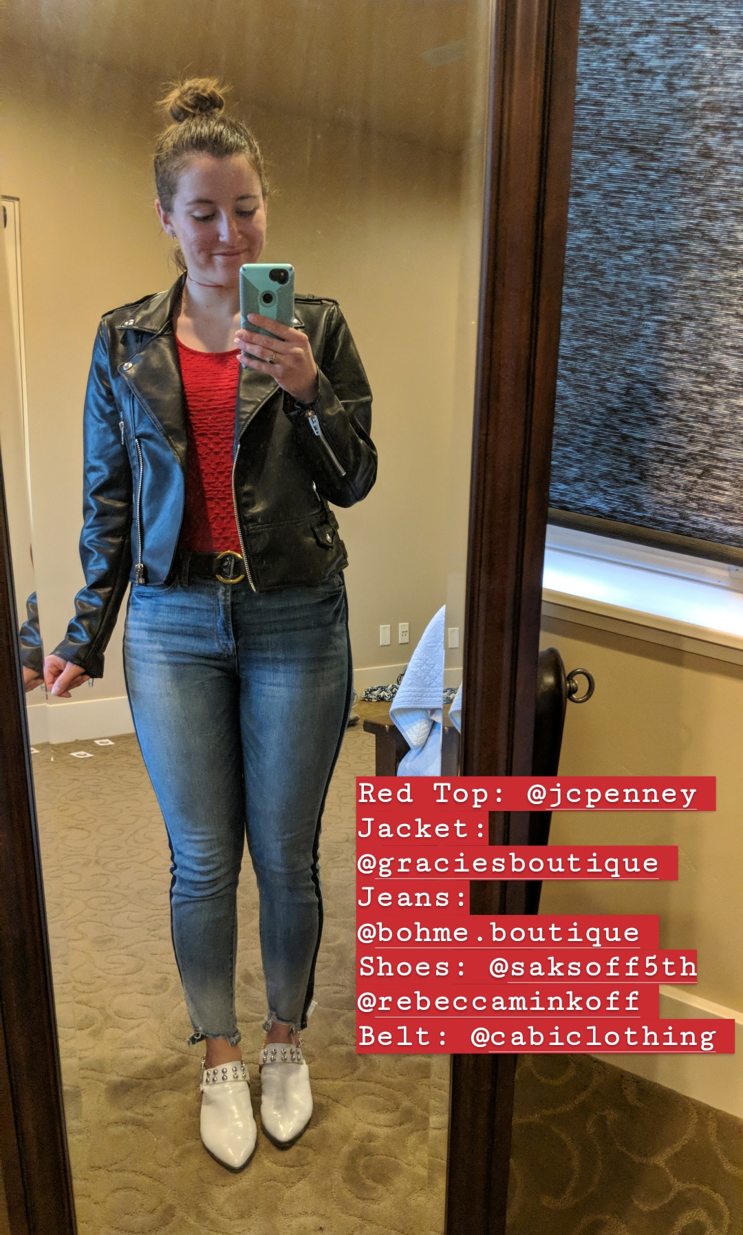 red blouse, black pleather jacket, tuxedo stripe jeans, white mules