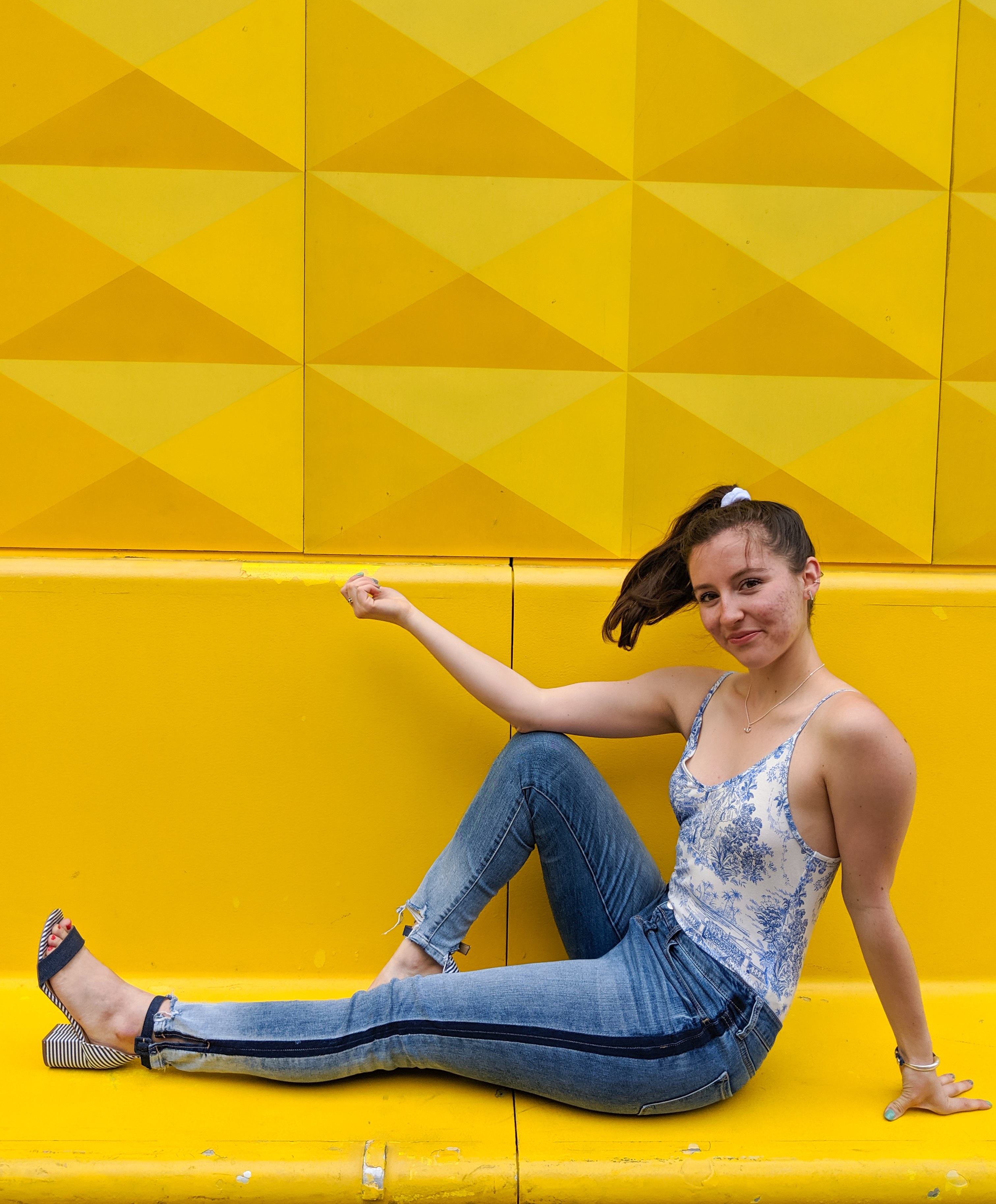blue and white outfit, bodysuit, tuxedo stripe jeans