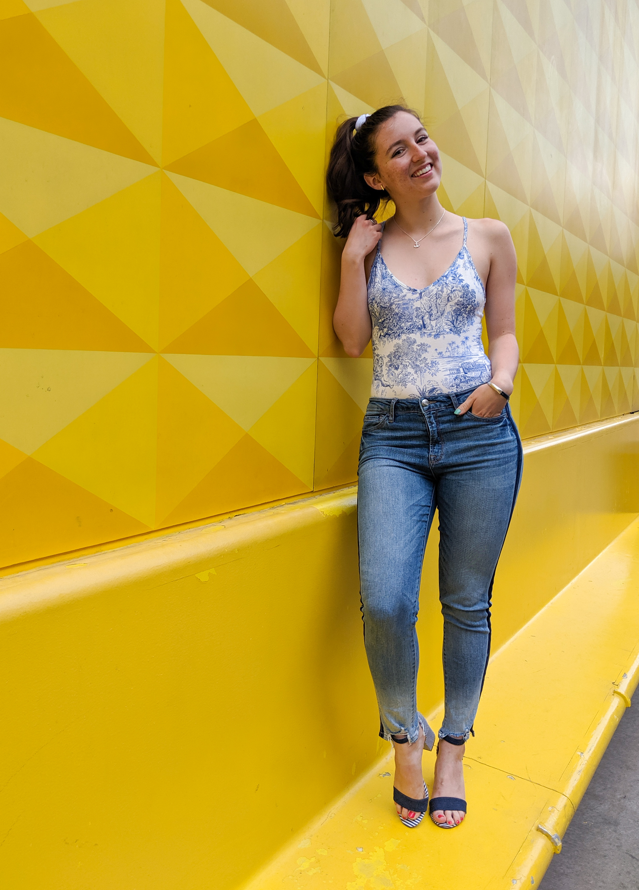 jungle printed bodysuit, skinny jeans, Bohme Boutique, striped heels