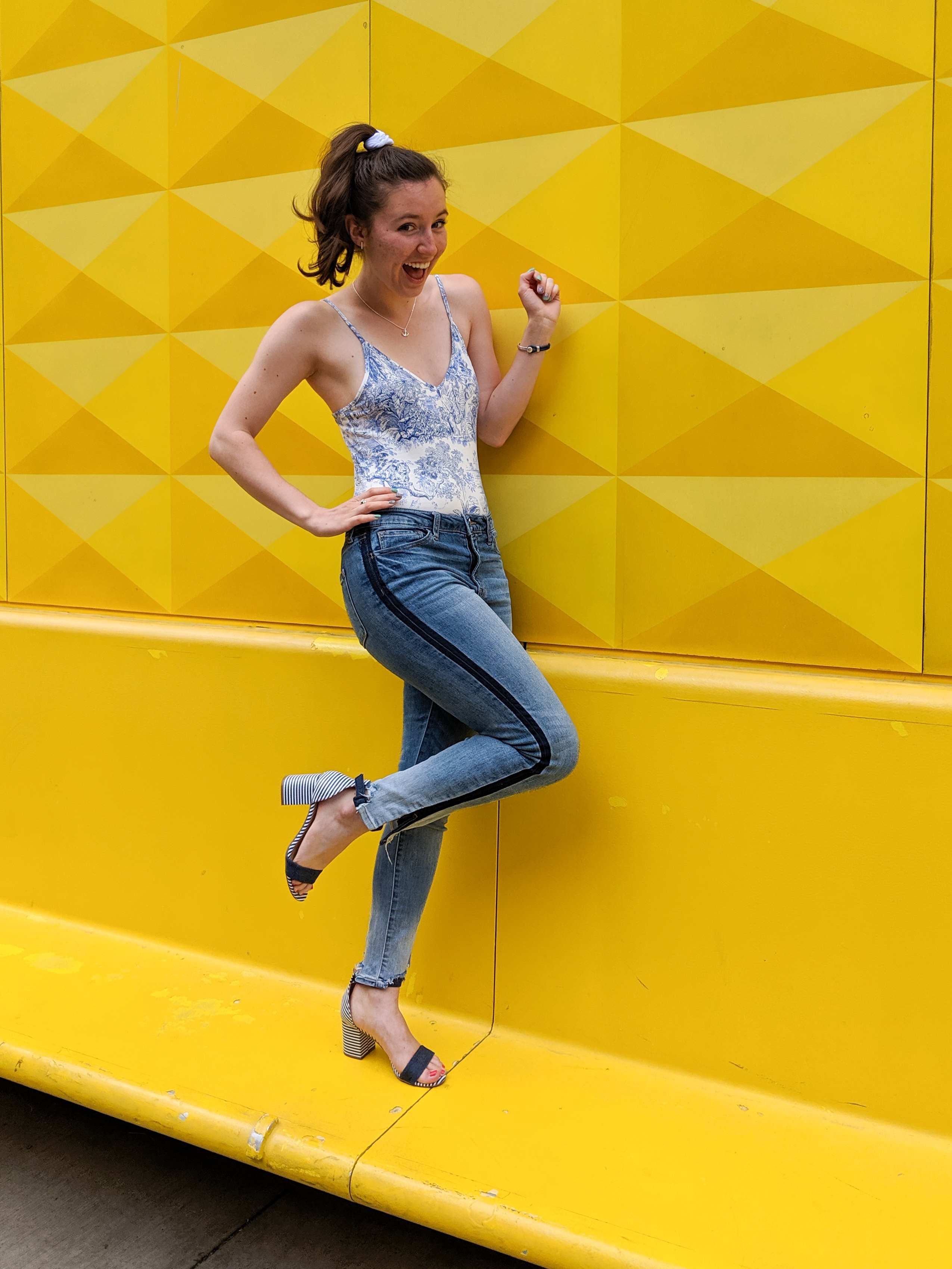 blue and white bodysuit, summer outfit, stripes, jungle print