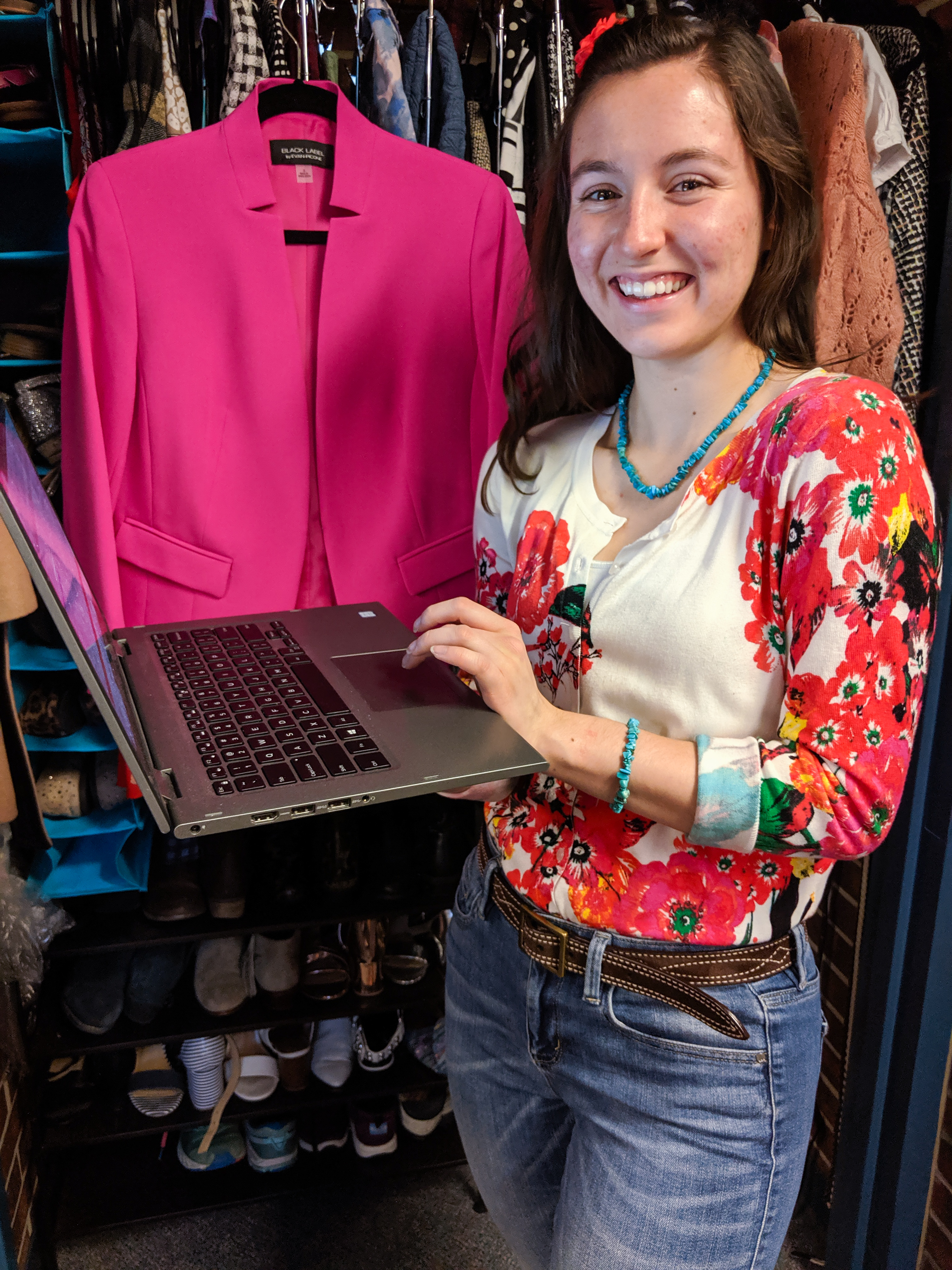 excel spreadsheet, pink blazer, colorful cardigan