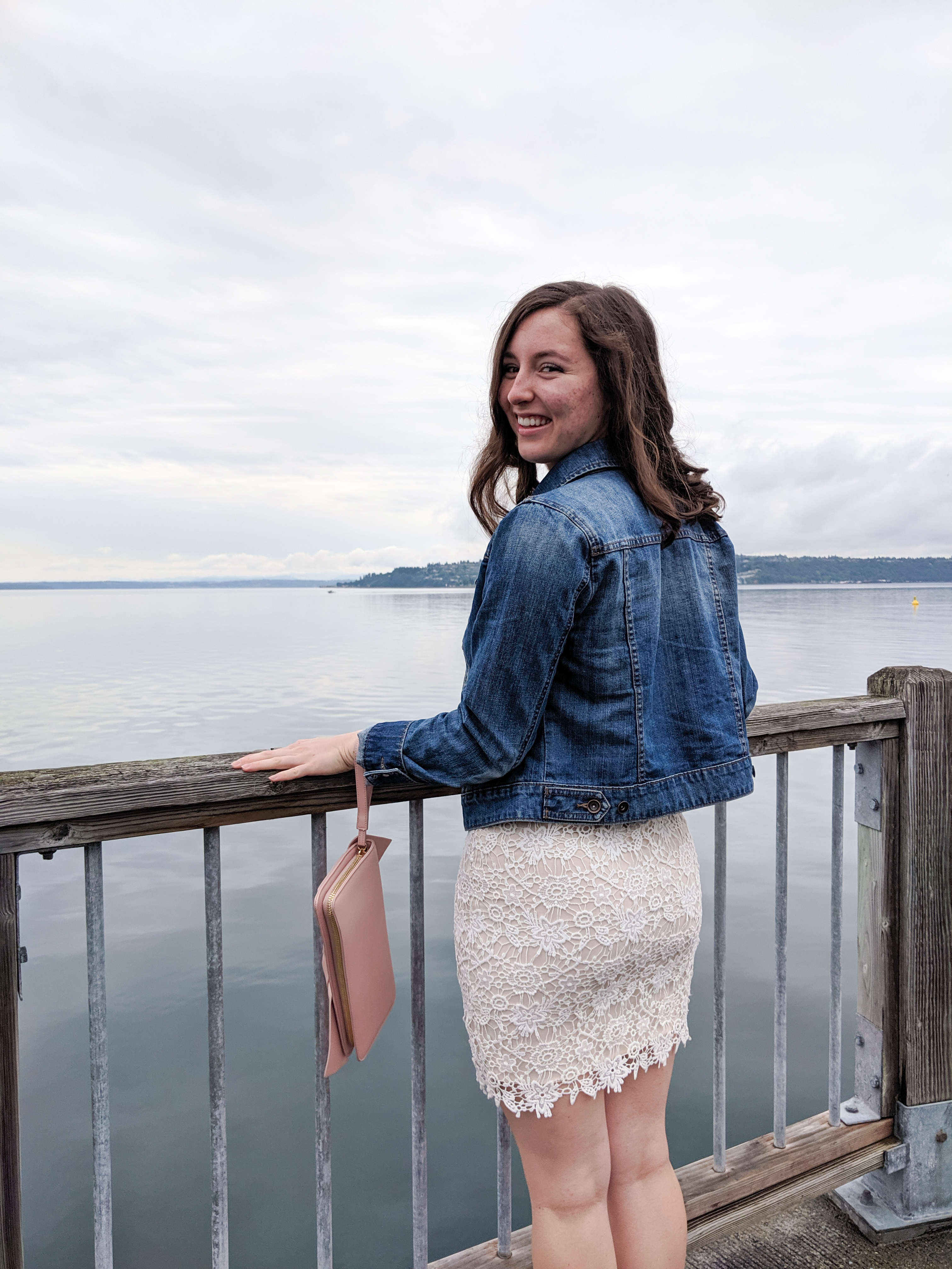 denim jacket, white lace dress, Puget Sound, Tacoma