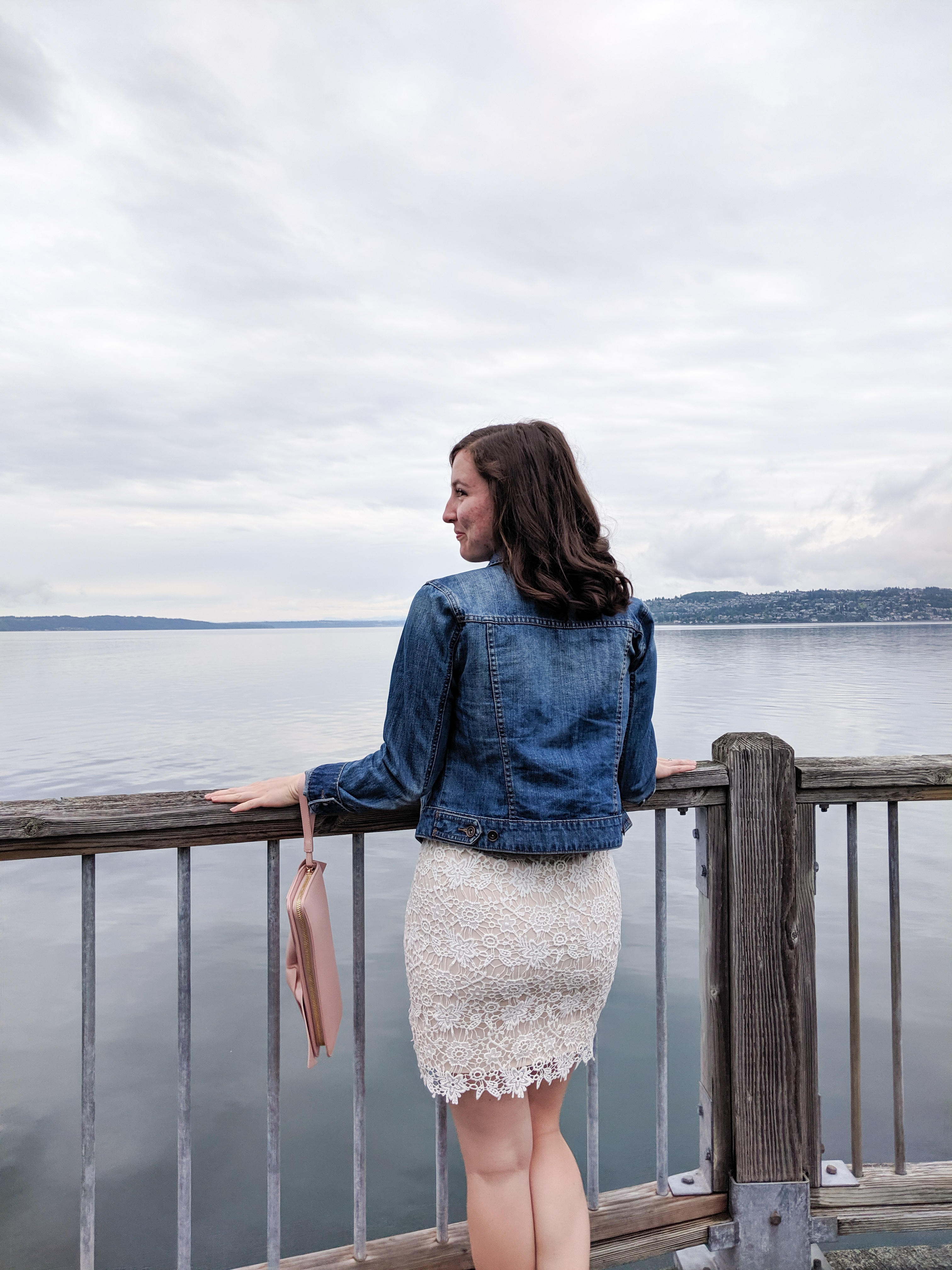 white lace dress, jean jacket, Puget Sound