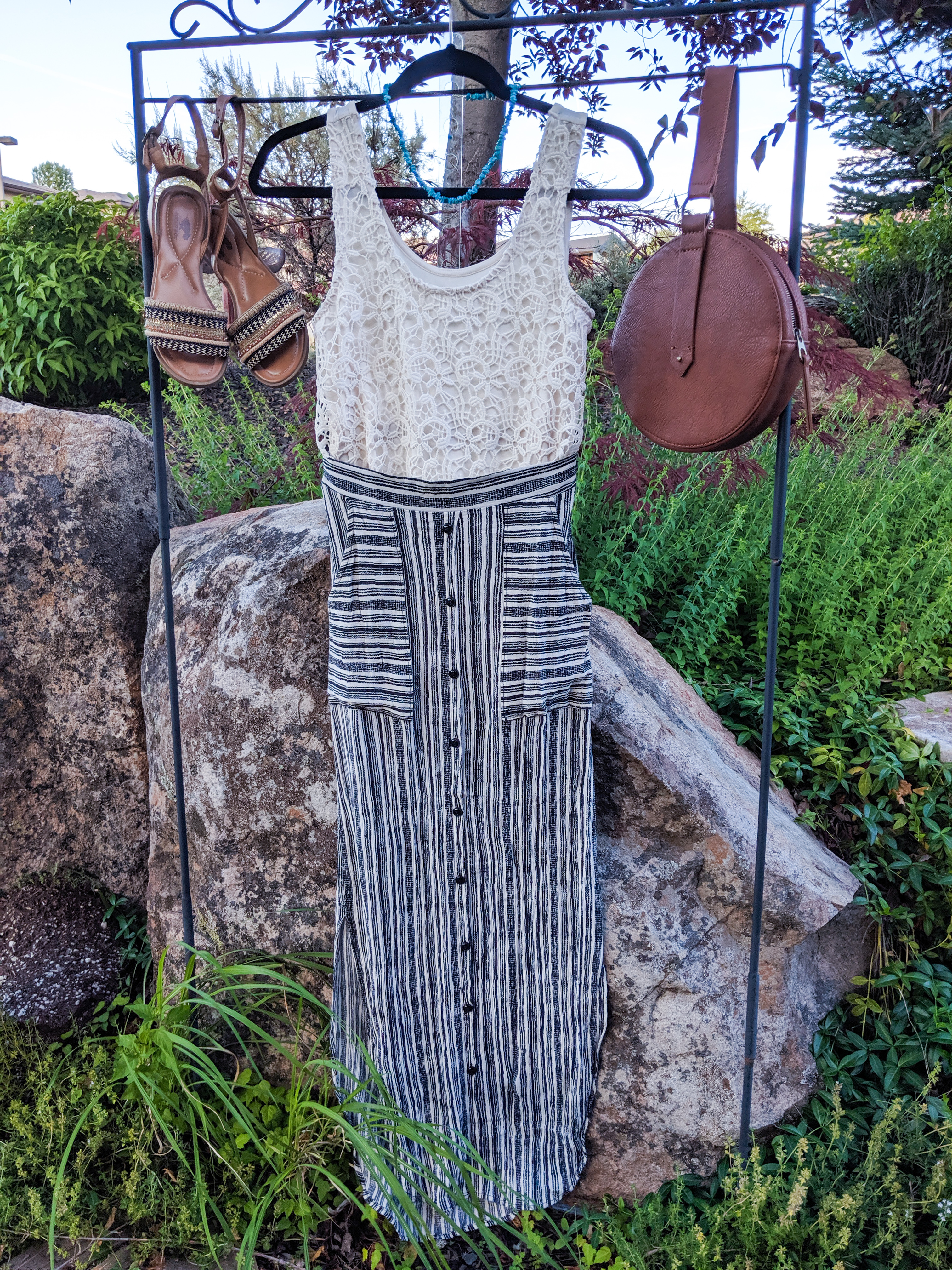 creme lace top, striped maxi skirt, brown accessories