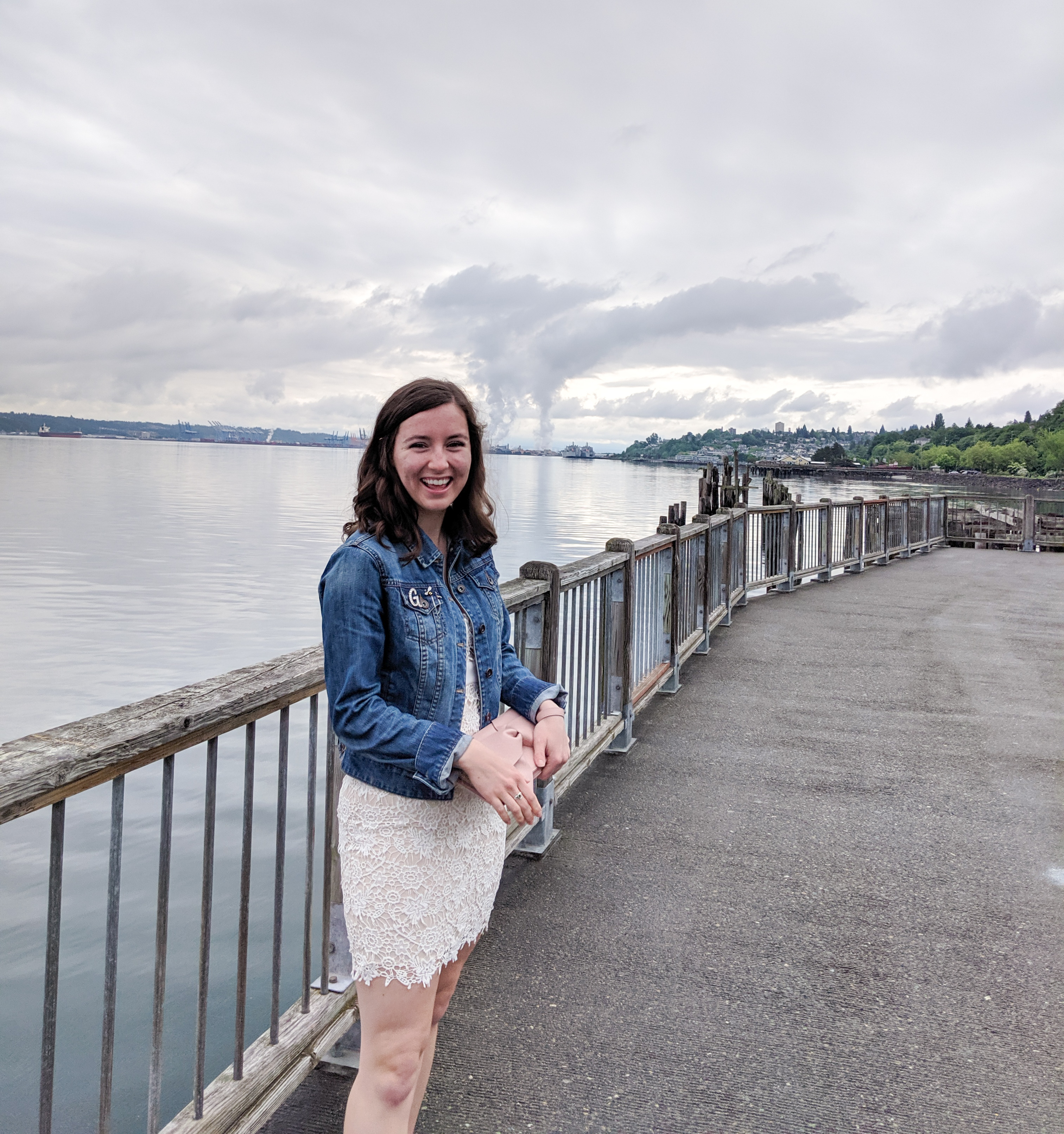 Tacoma, white lace dress, blue denim jacket
