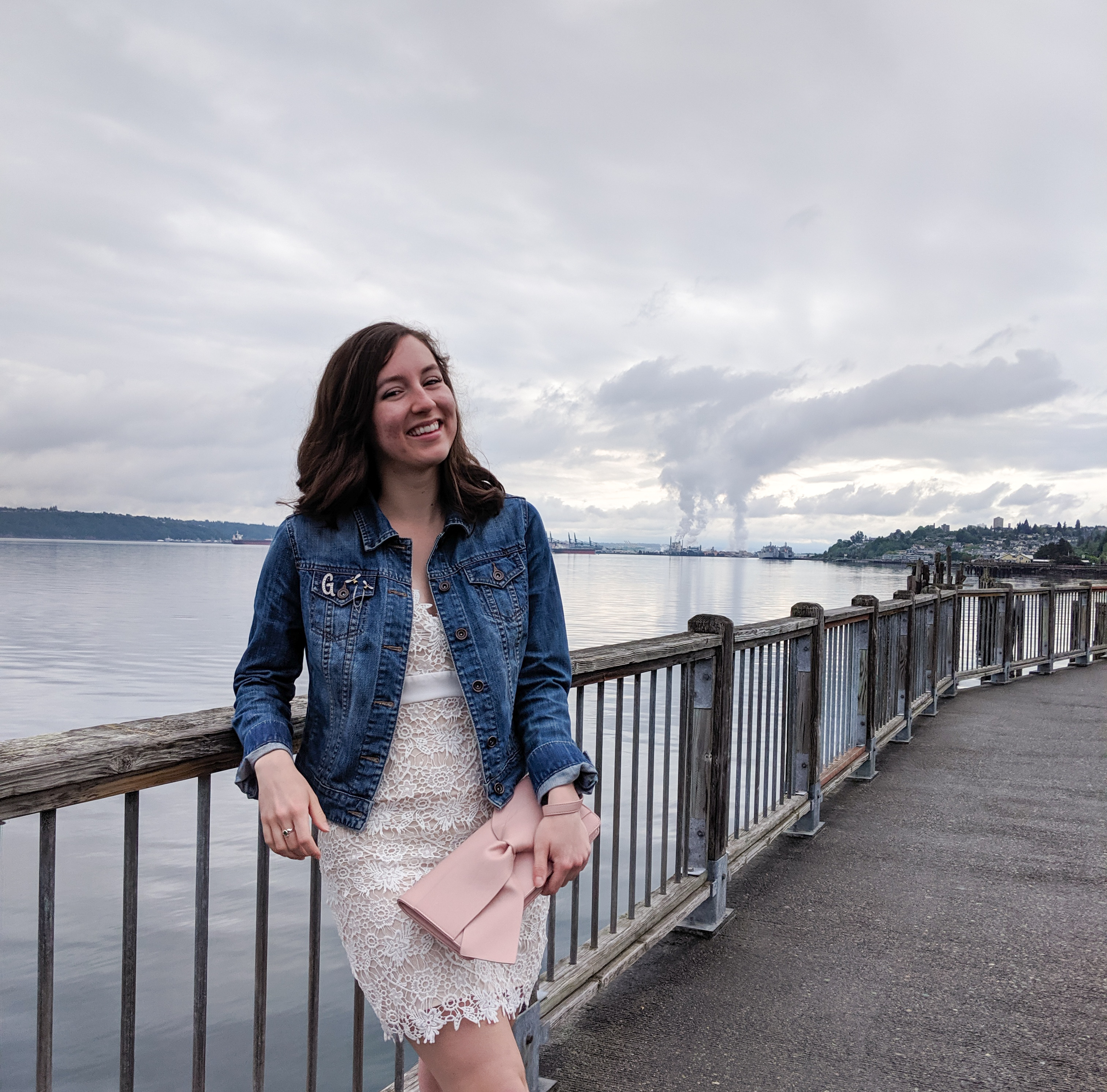 Tacoma, Puget Sound, white lace dress, blush bow purse