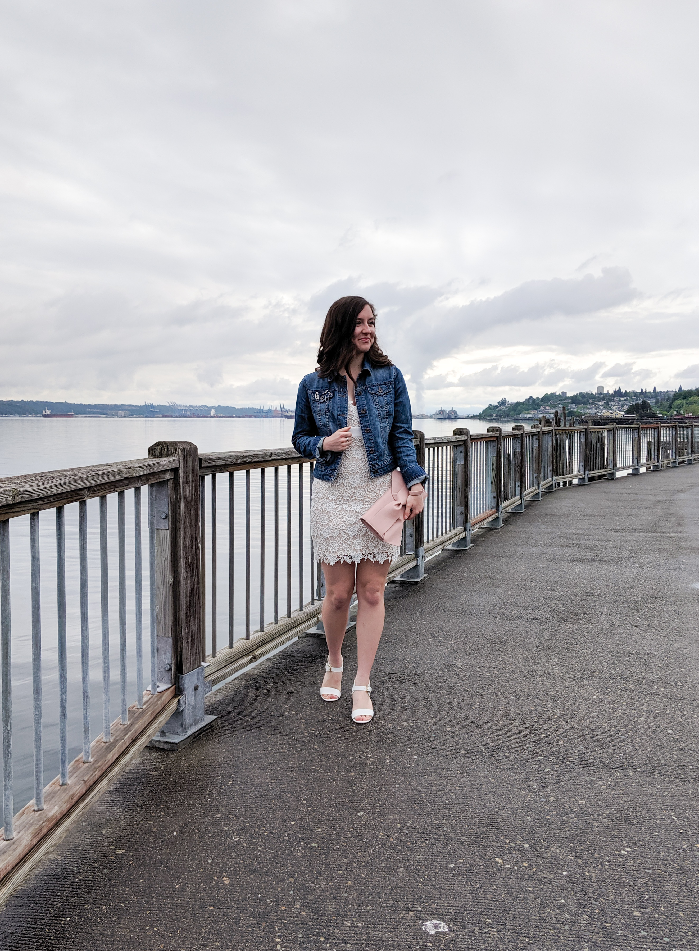 denim jacket, white lace dress, white heels