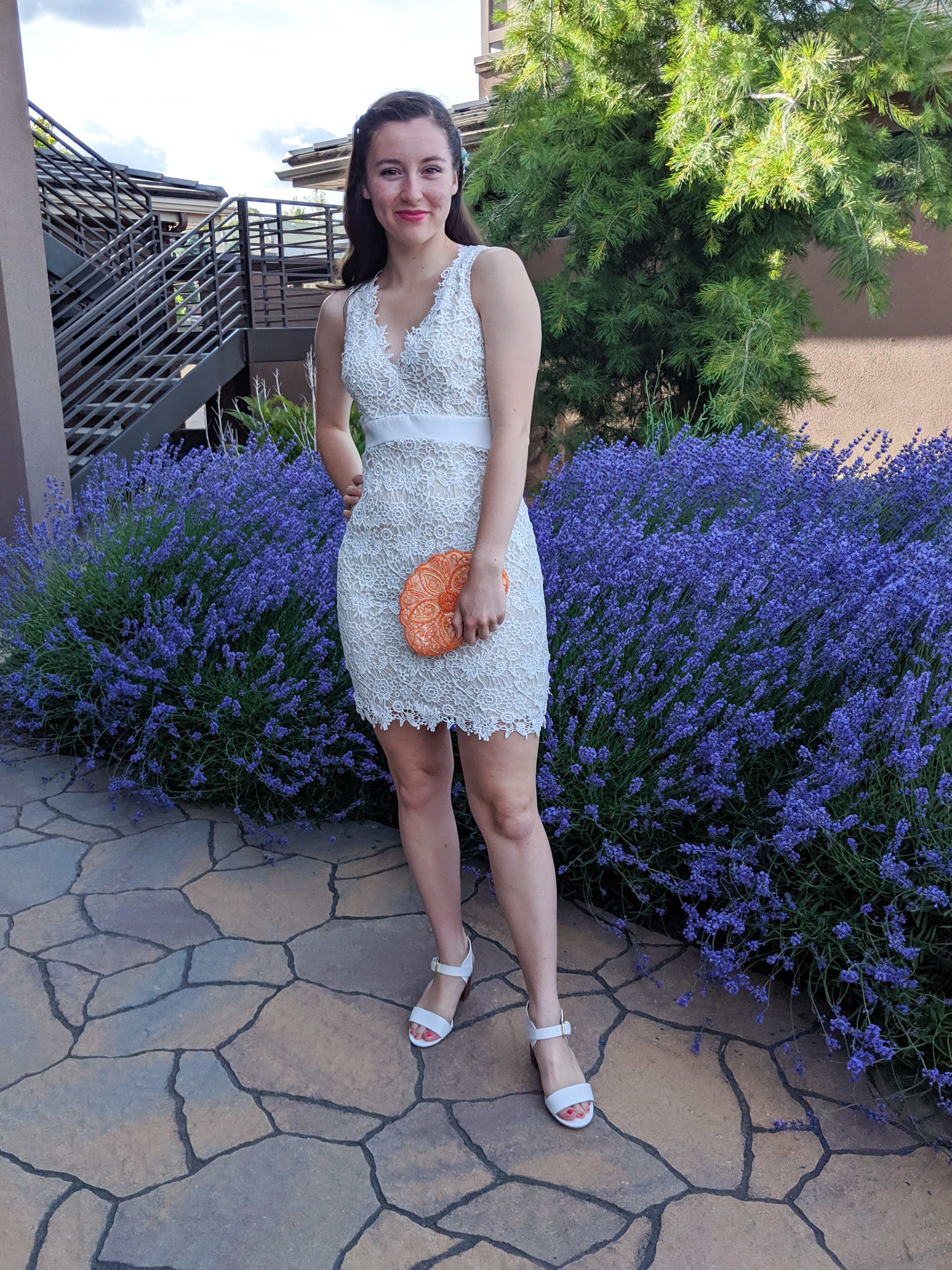 white lace dress, pink lipstick