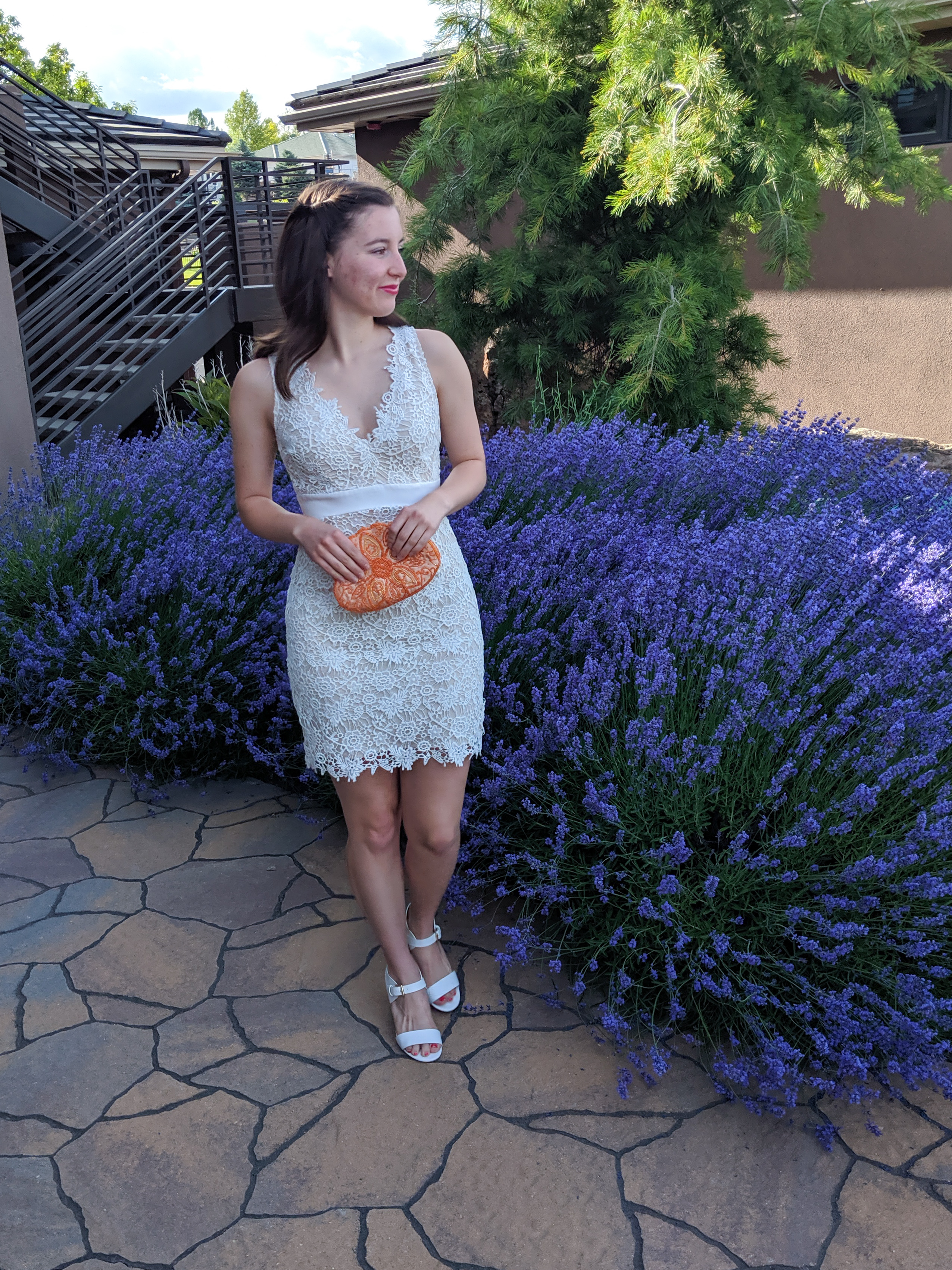 white lace bodycon, orange beaded purse, DSW heels