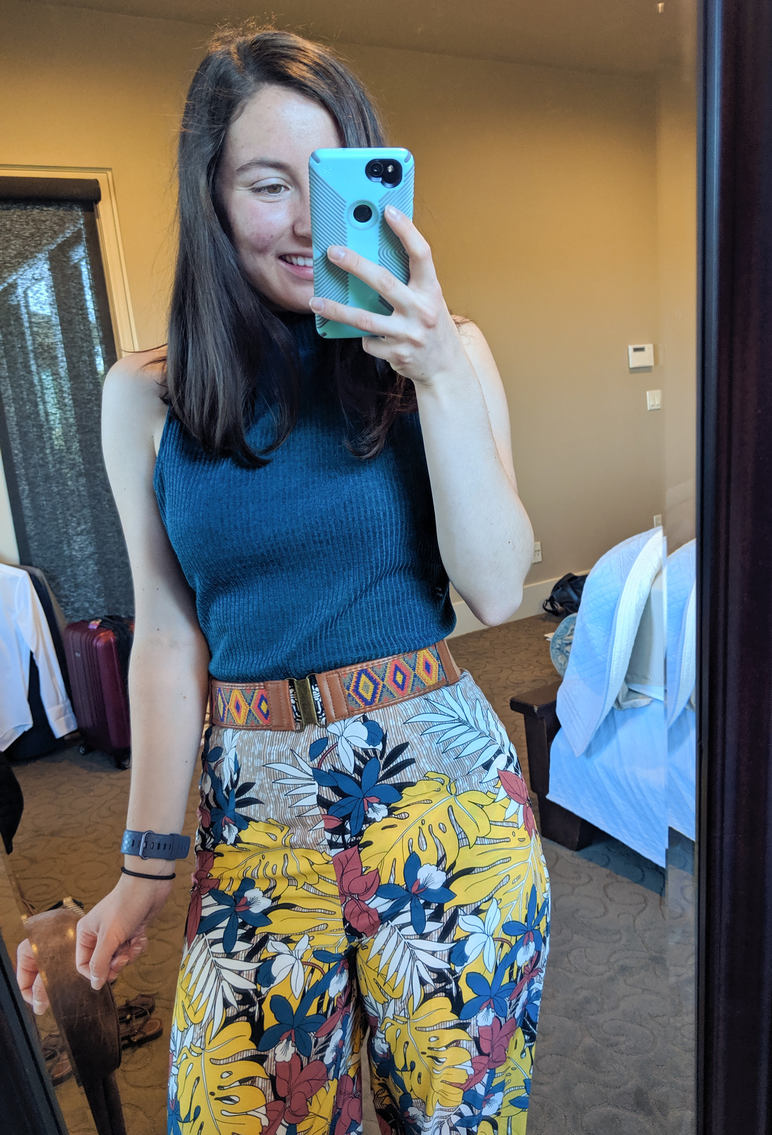 patterned palazzo pants, palm print pants