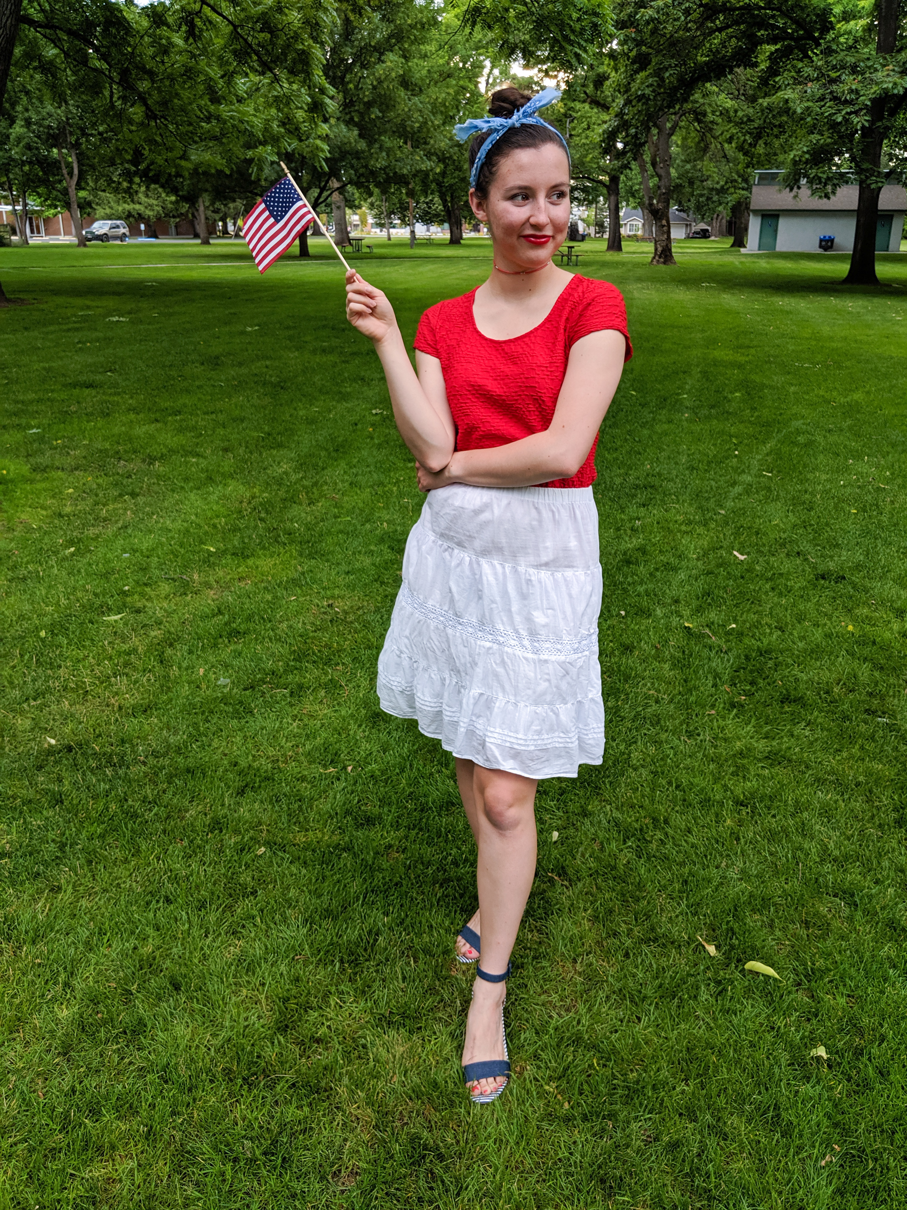 red blouse, white skirt, blue hair scarf, patriotic