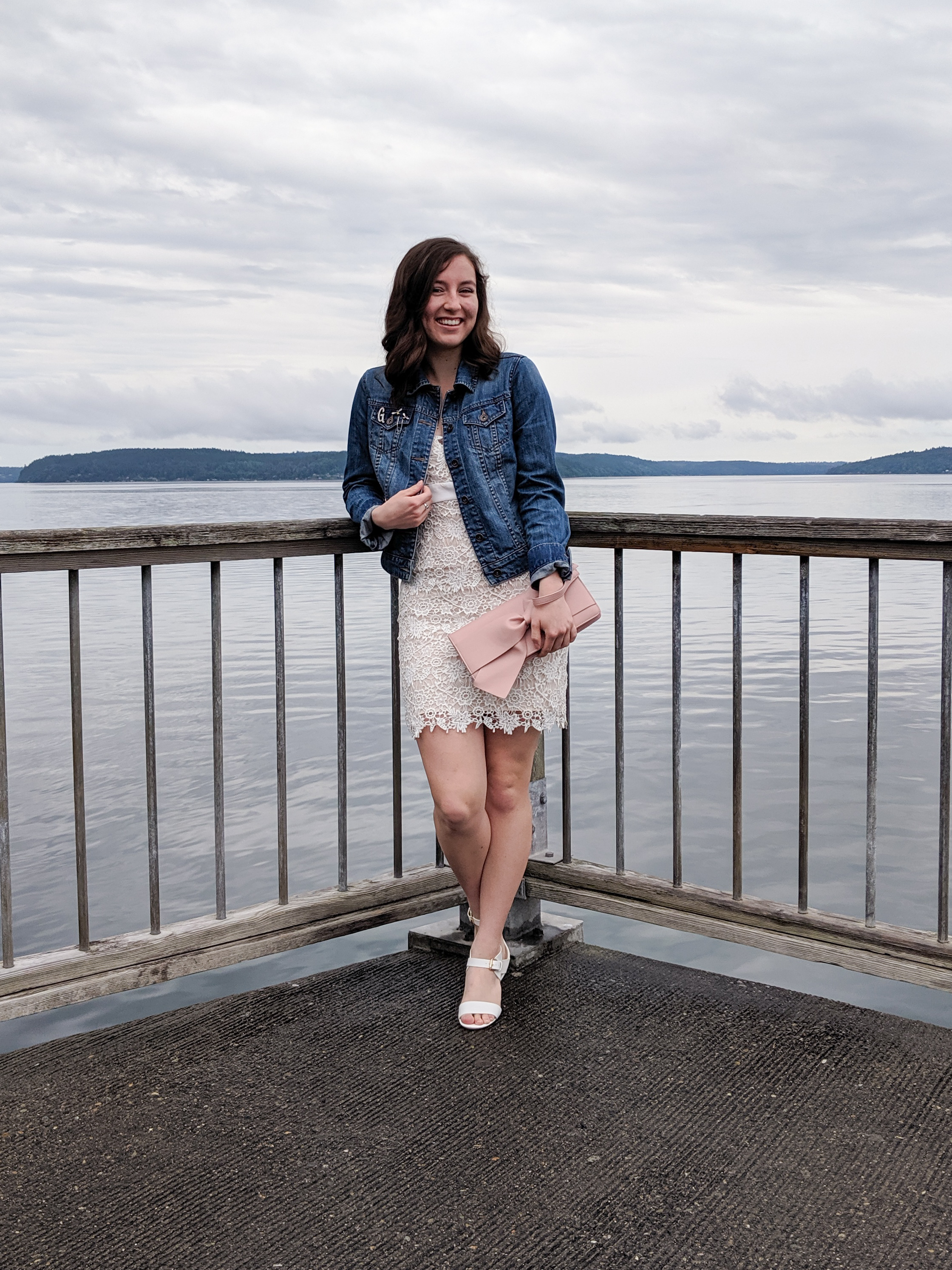 white lace dress, denim jacket, blush purse