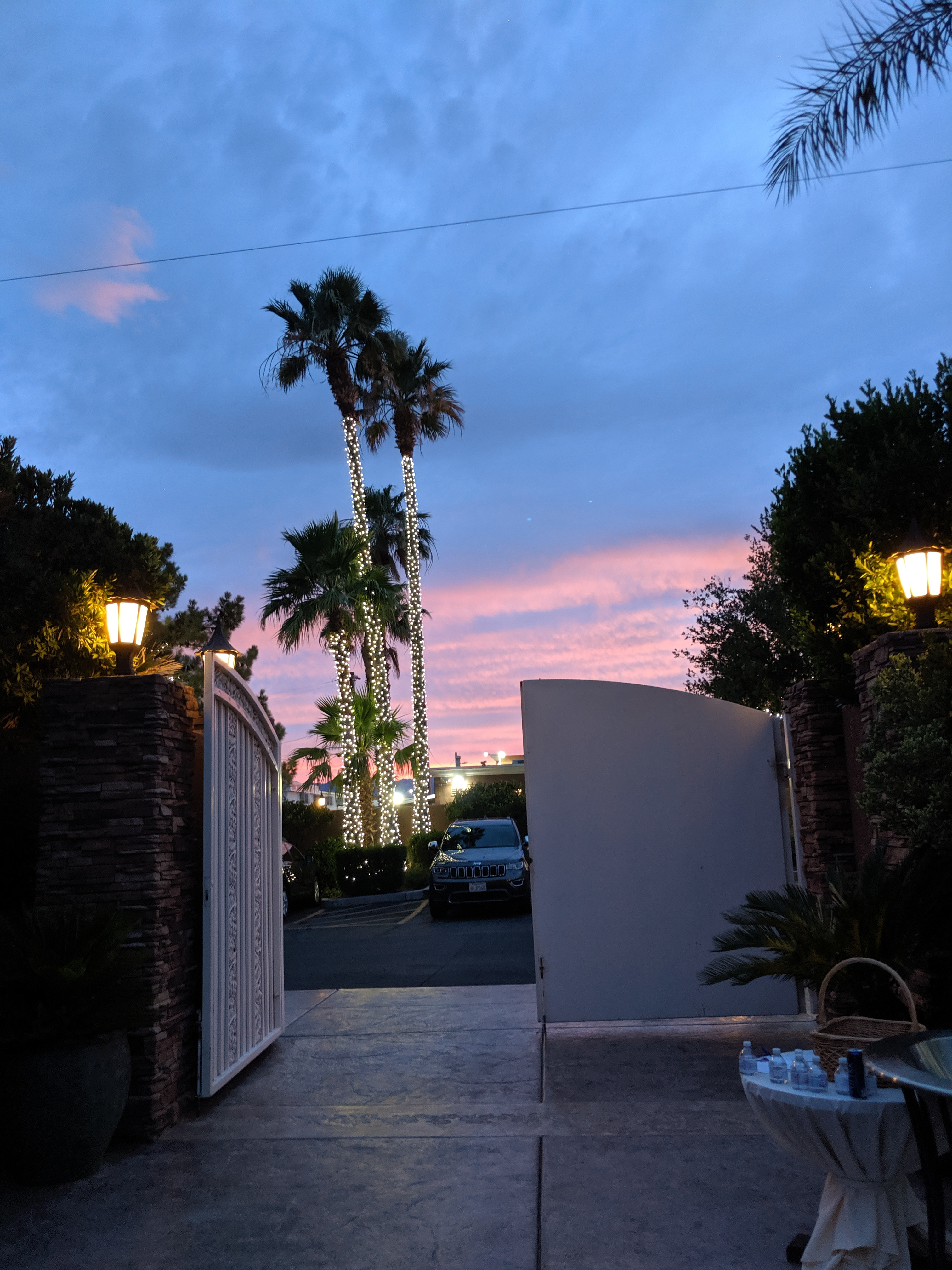 Desert wedding, Las Vegas wedding, sunset, twinkle lights, palm trees