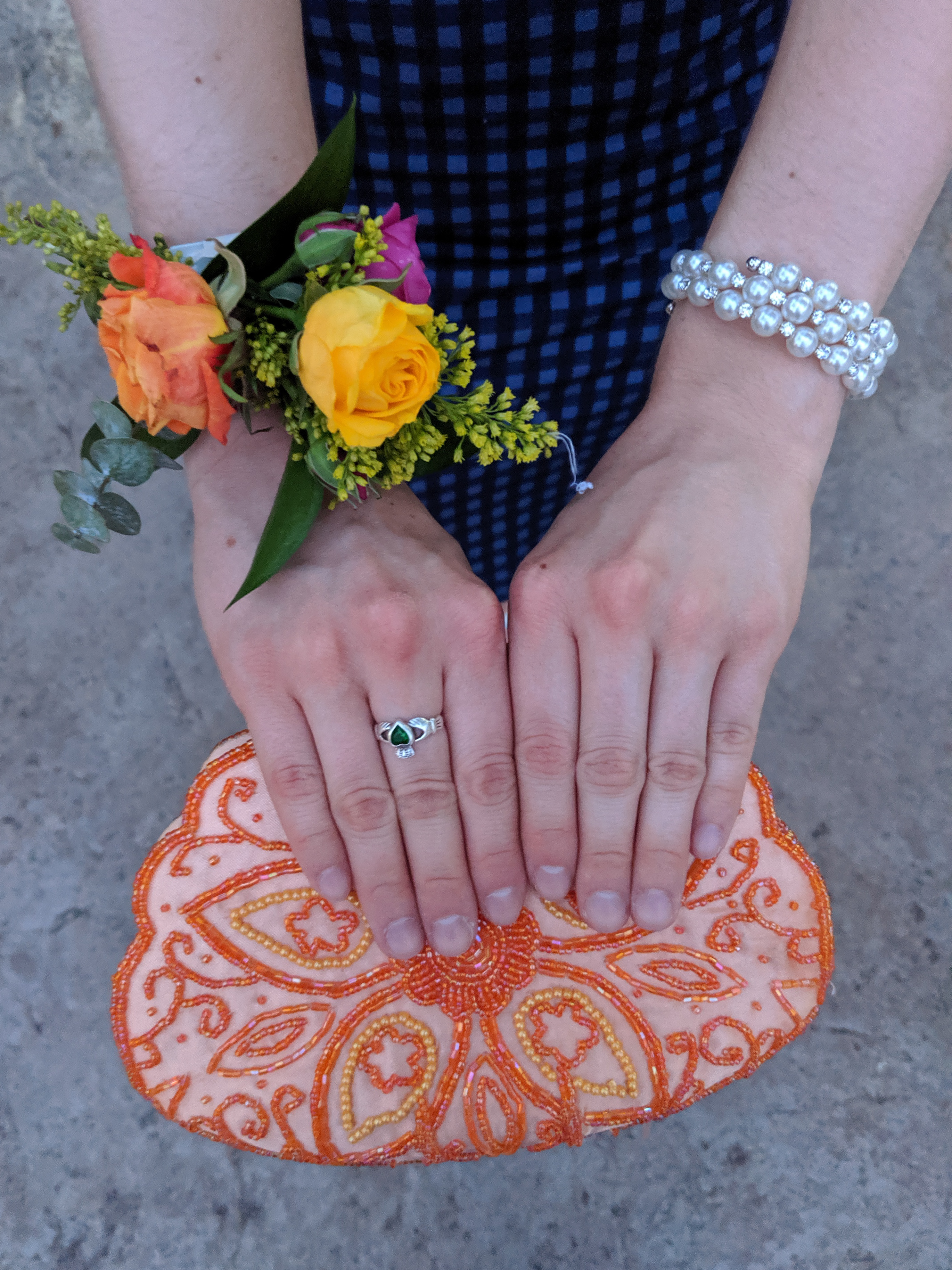 Beaded clutch, orange purse, complementary colors, flower corsage