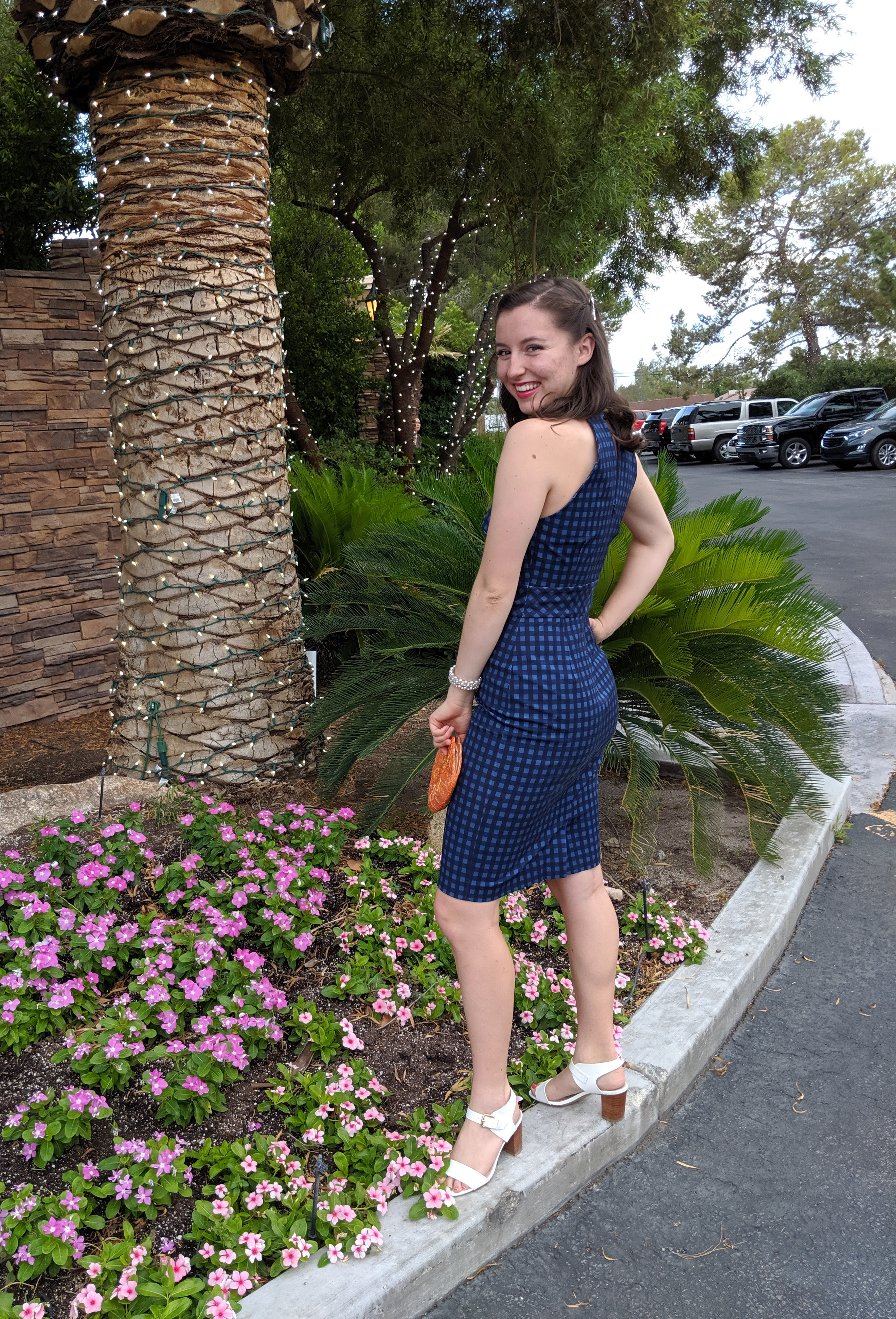 Navy gingham, banana republic, white heels