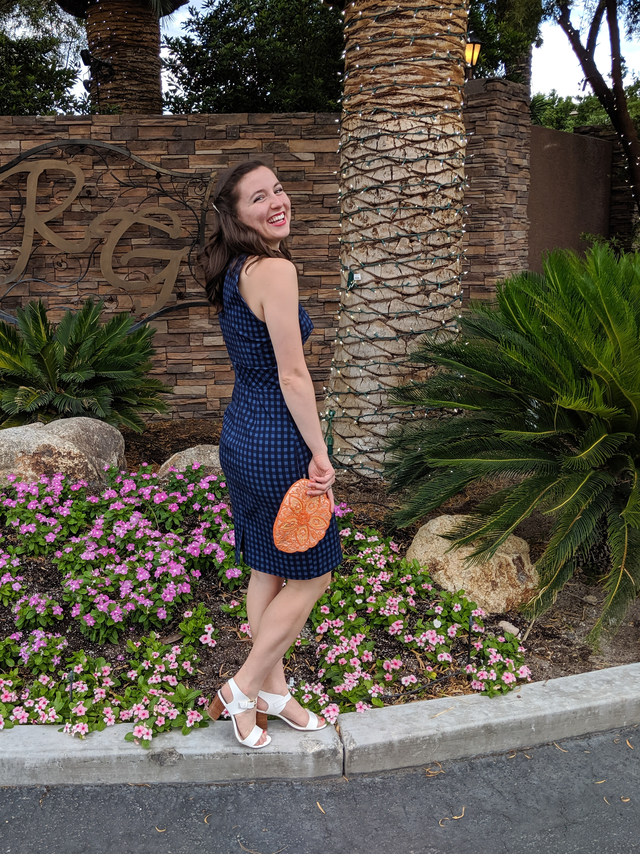 Pink lipstick, navy dress, complementary colors, banana republic