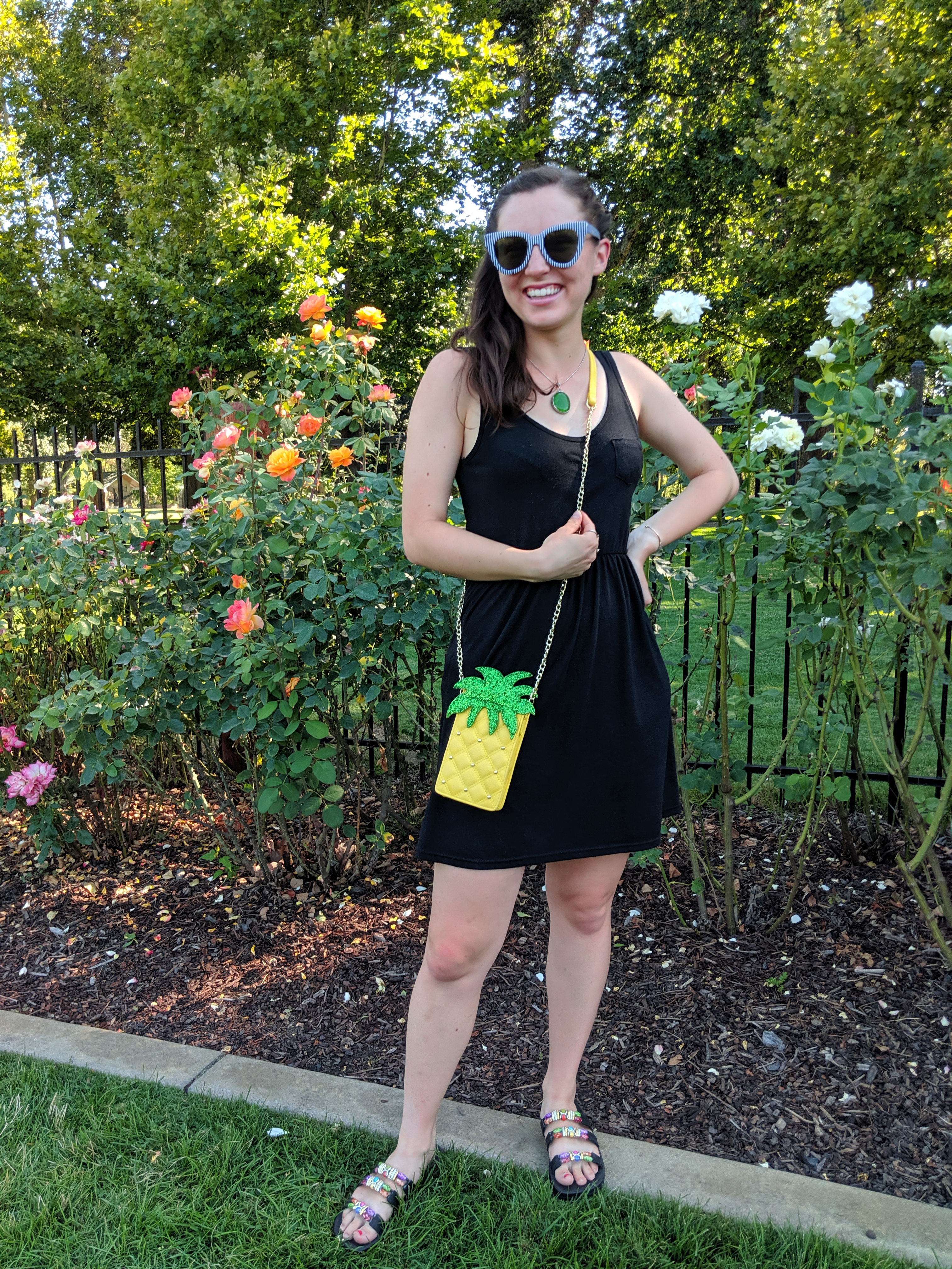 black dress, casual summer outfit, pineapple purse