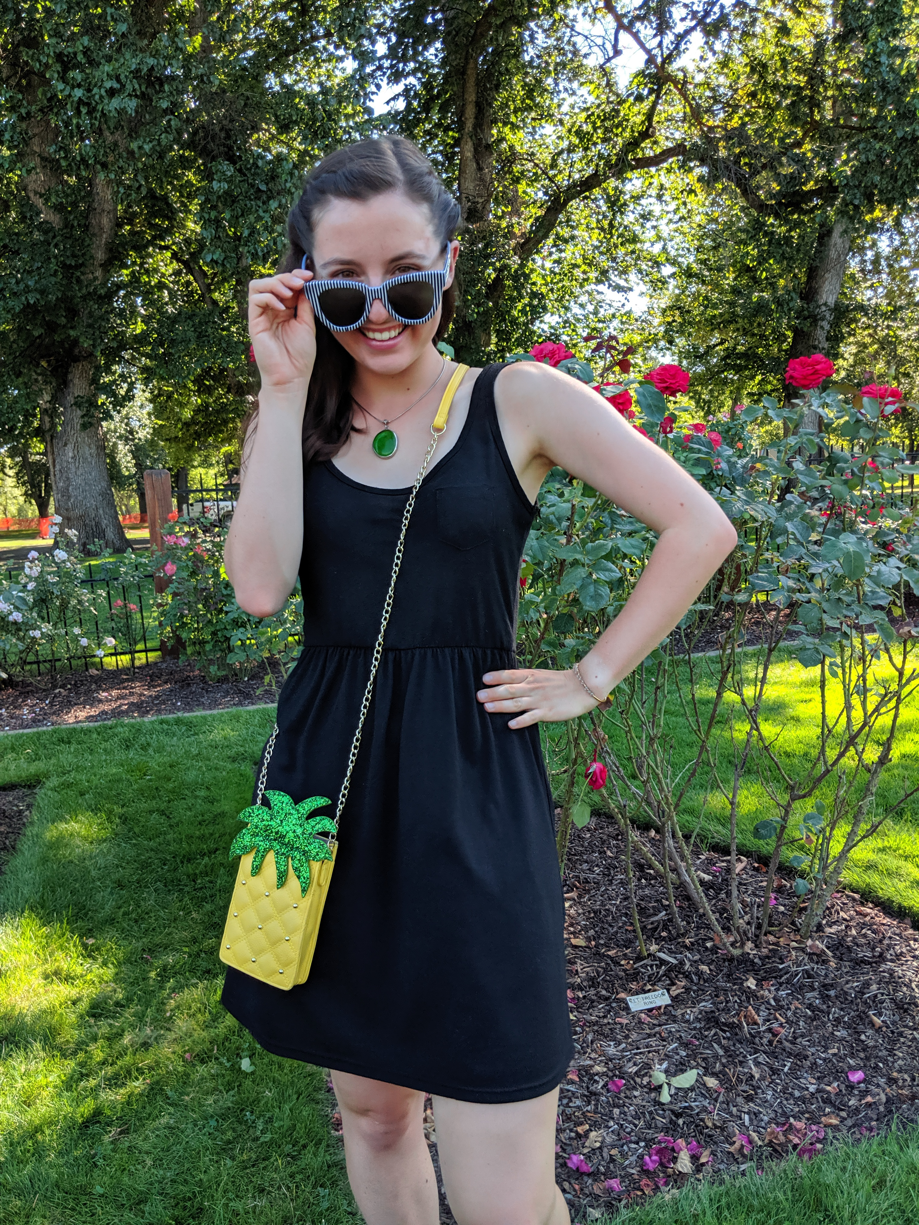 striped sunglasses, green statement necklace