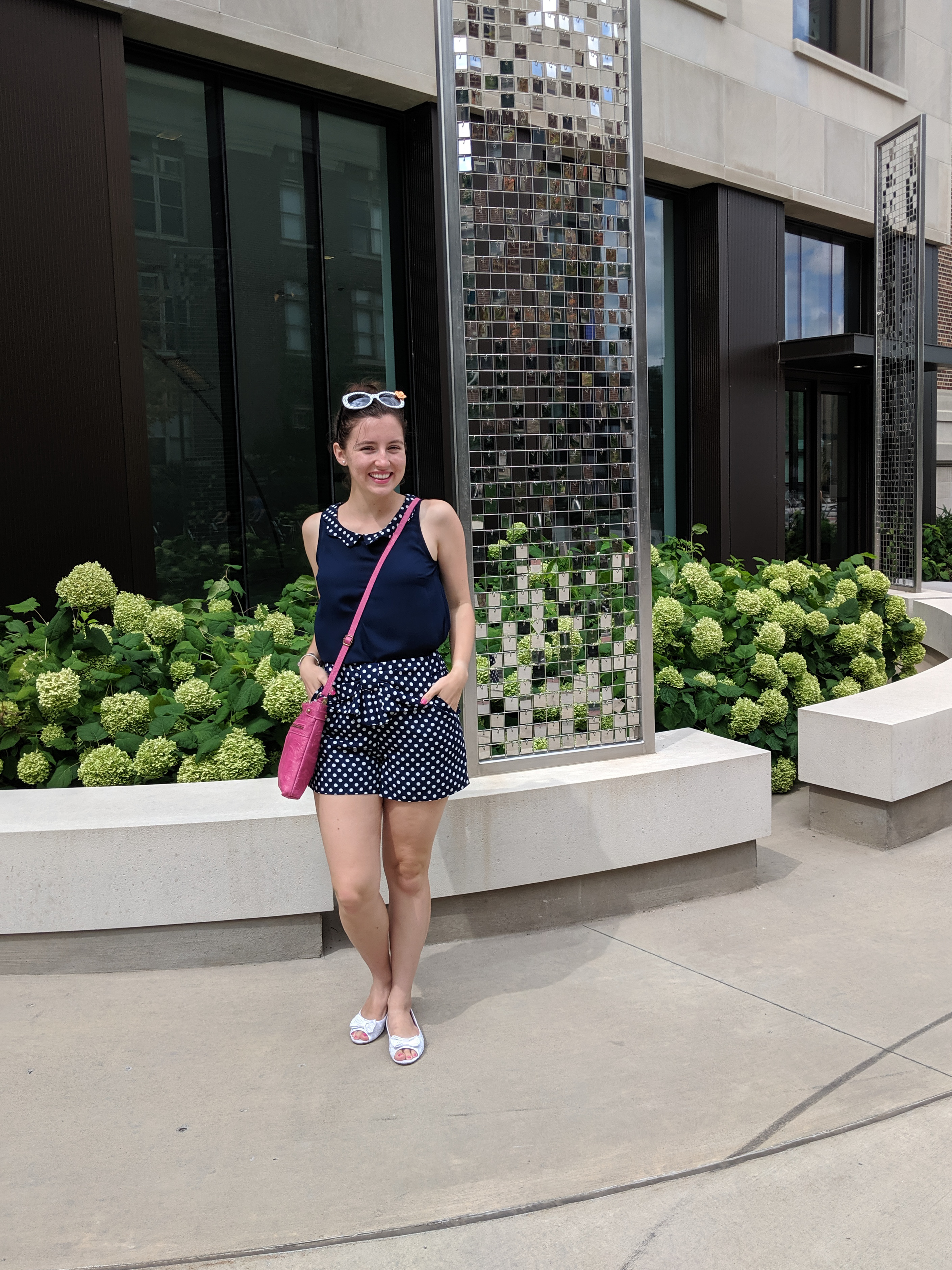 polka dot romper, Kohl's, pink purse, navy romper