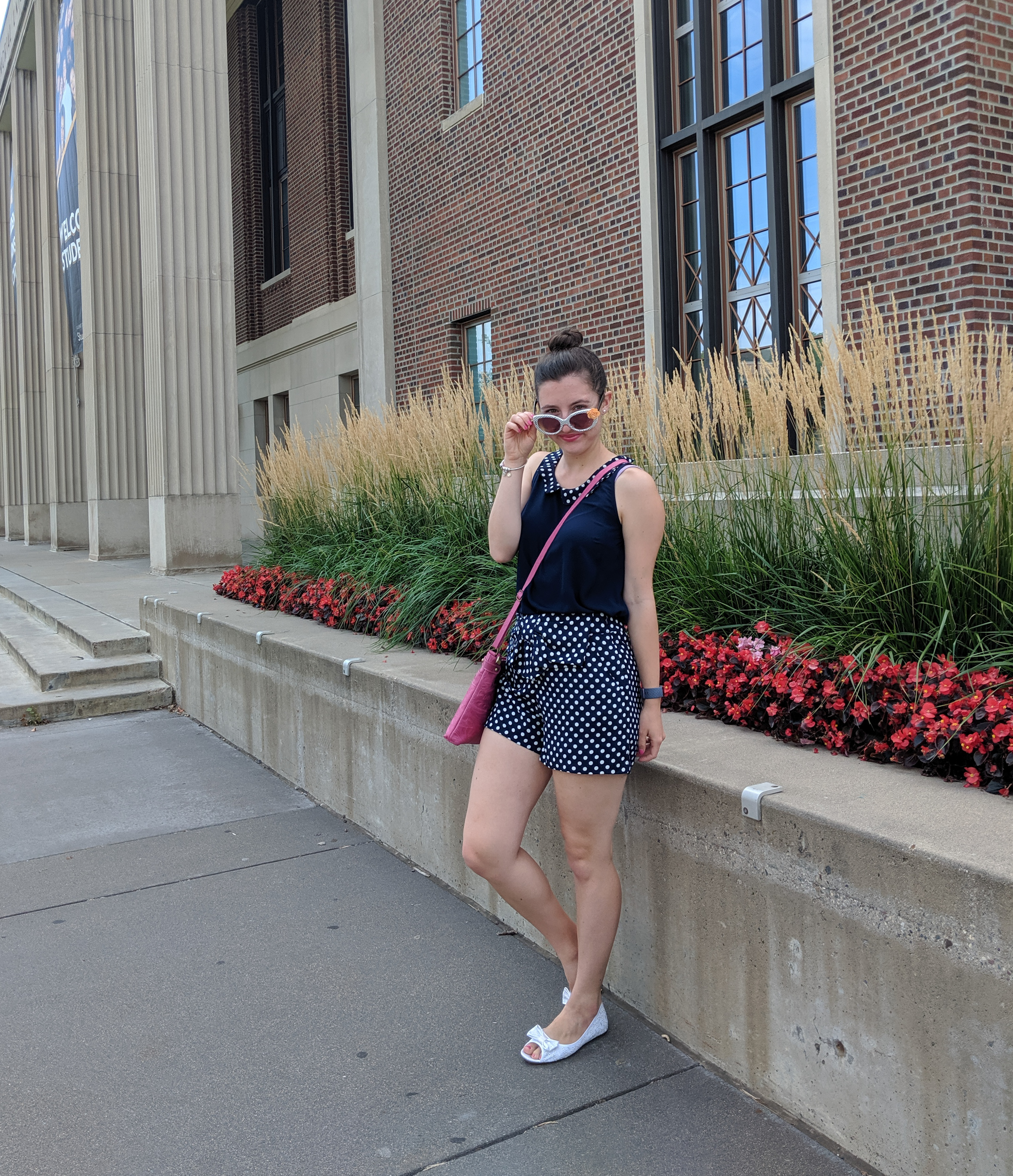 back to school, polka dot outfit, white shoes