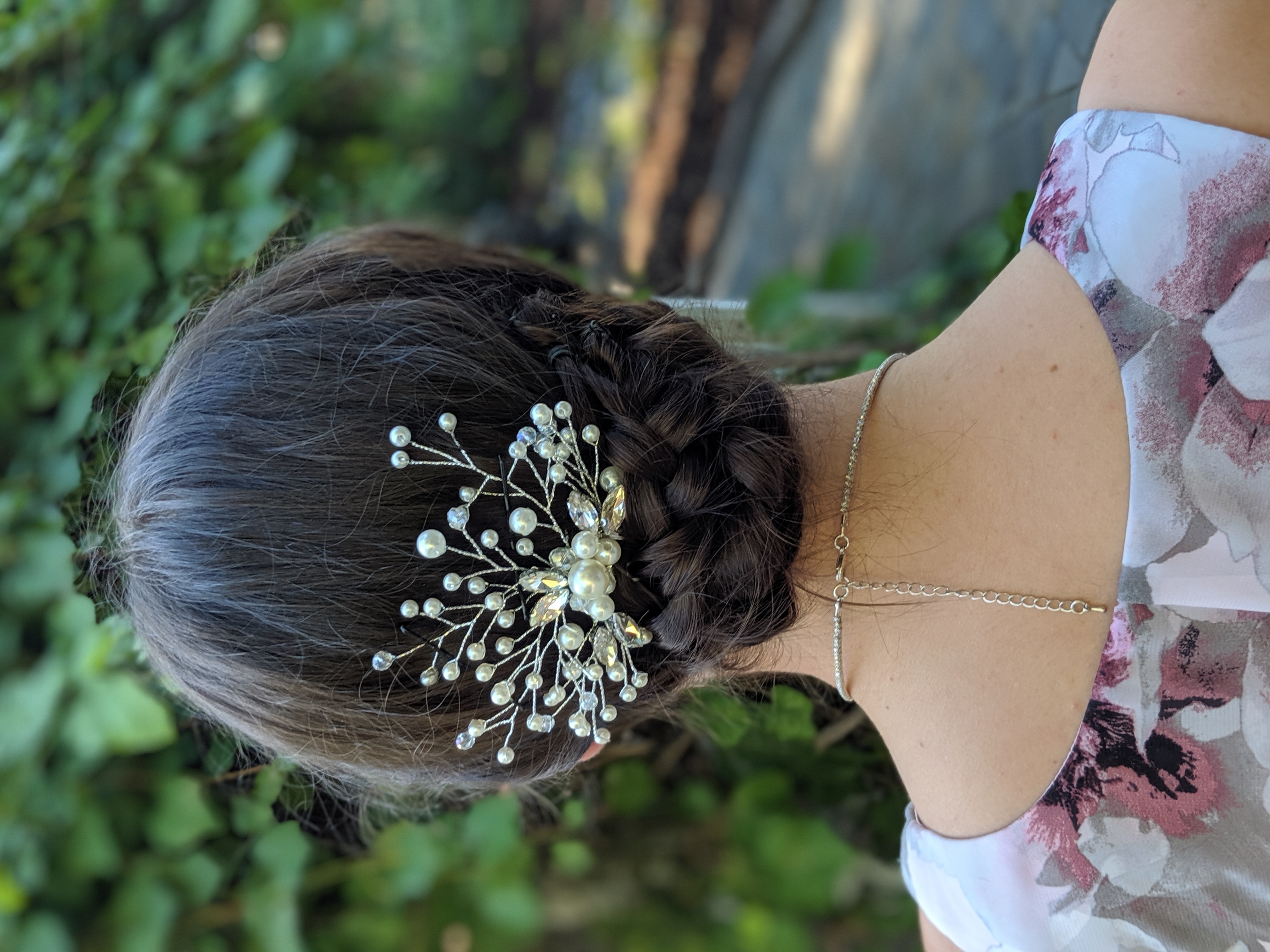 braided updo, sparkly pearl hairpiece