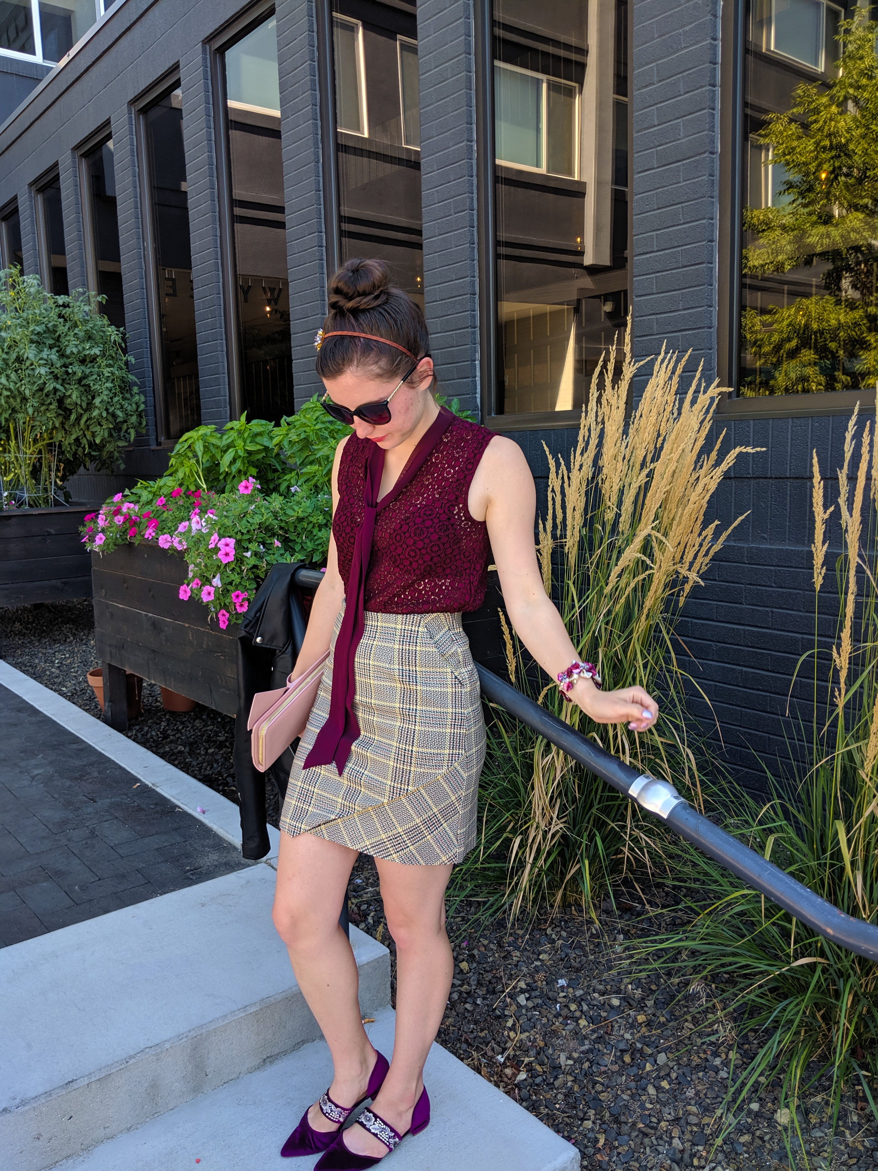 maroon blouse, plaid skirt, velvet shoes